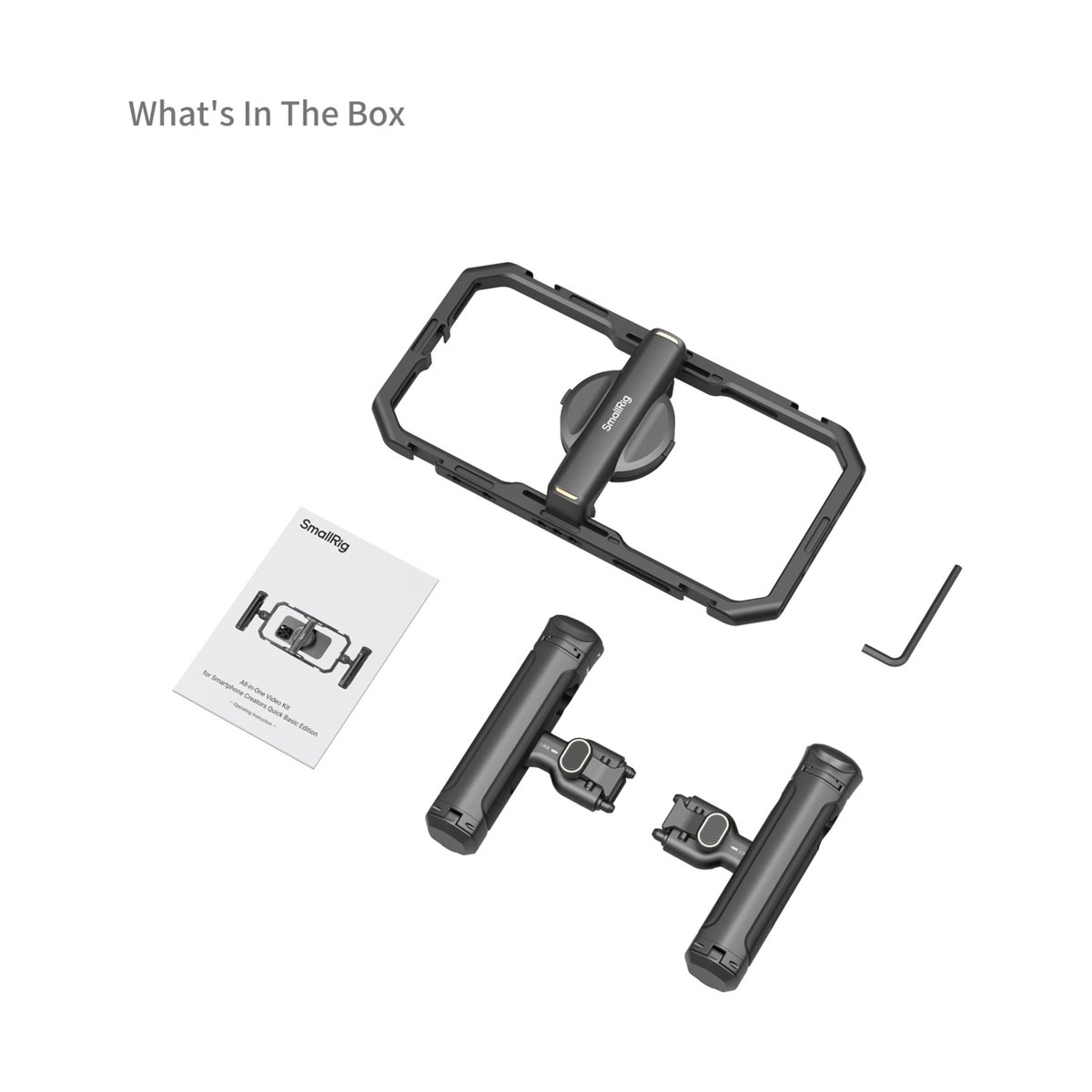 SmallRig 4597 All in one Videokit für Smartphone Creators Quick Basic - Lieferumfang: Smartphone-Cage, zwei Griffe, Anleitung und Werkzeug auf weißem Hintergrund. SmallRig 4597 All in one Videokit für Smartphone Creators Quick Basic - Lieferumfang: Smartphone-Cage, zwei Griffe, Anleitung und Werkzeug auf weißem Hintergrund.