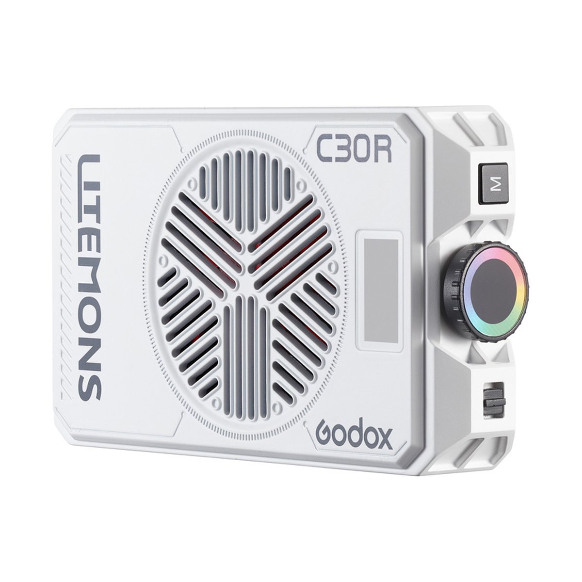 Godox C30R LITEMONS RGB Pocket LED Panel Light - Frontansicht des Godox Litemons C30R Videolichts in Weiß, mit Lüftergitter und bunter Steuerung.