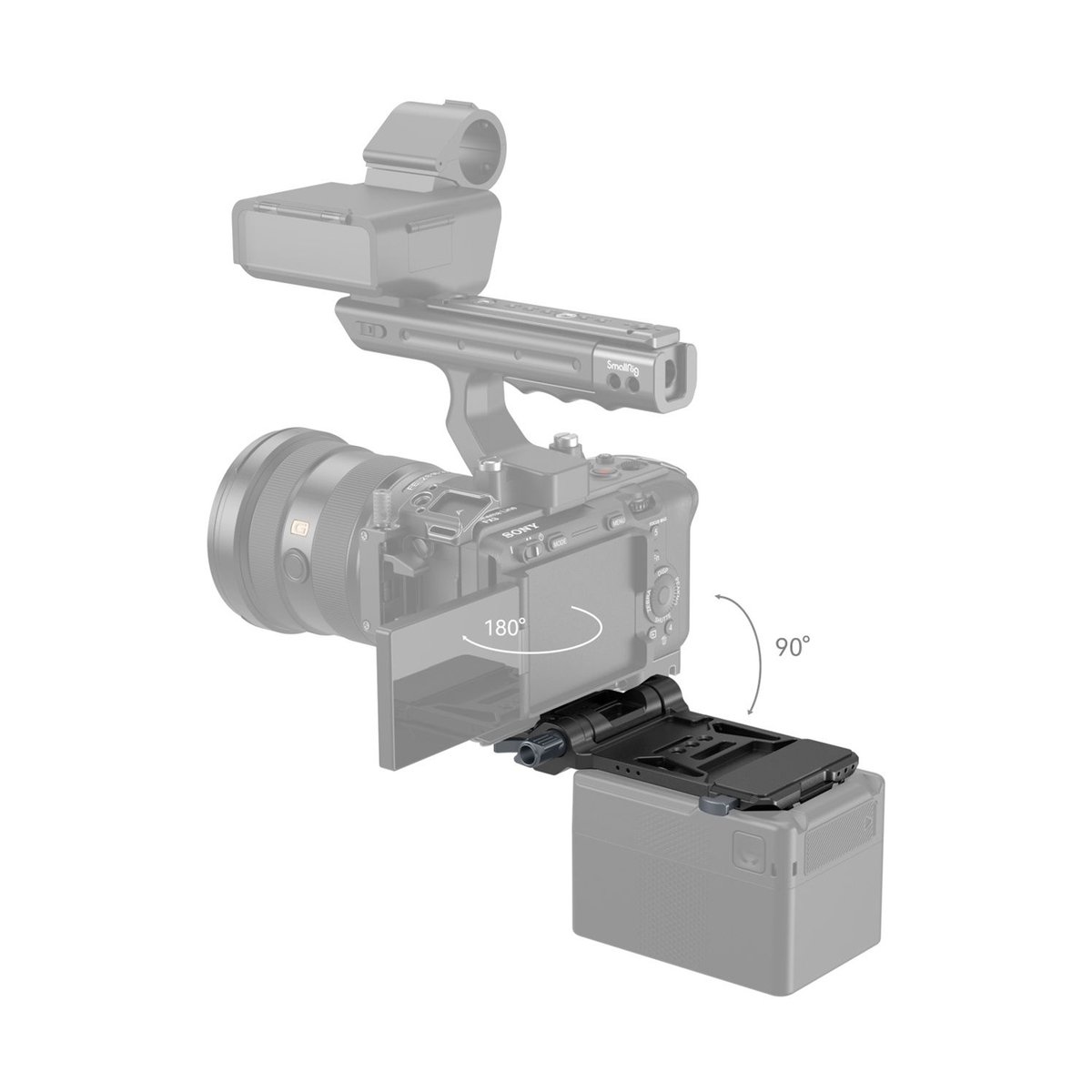 SmallRig 4505 V-Mount Akku-Montageplatte - Anwendungsbeispiel: Batterieplatte mit 180° Dreh- & 90° Neigefunktion an Kamerakäfig montiert