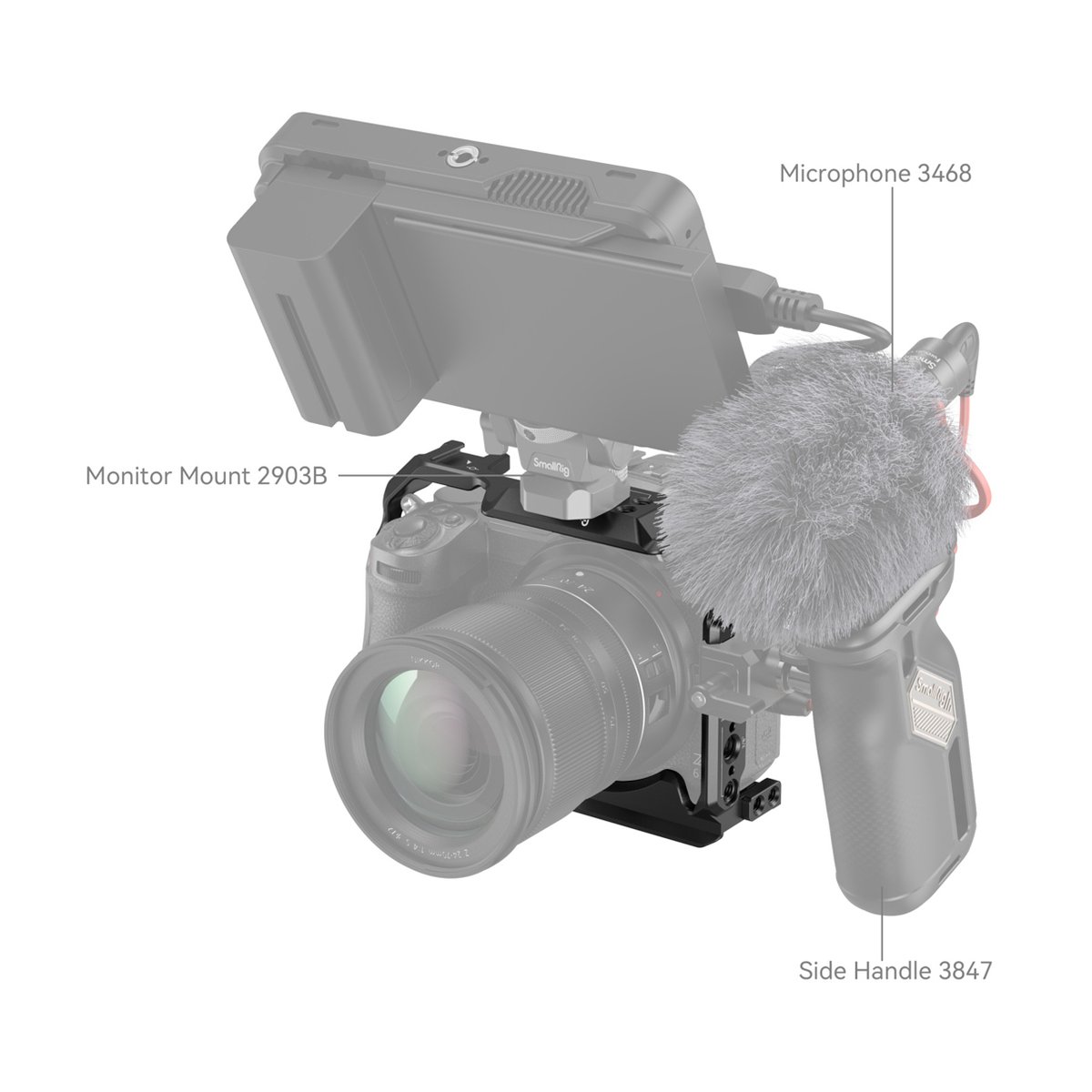 SmallRig 2926B Cage Nikon Z5/6/7/6II/7II - Anwendungsbeispiel: SmallRig Kamerarig mit Monitorhalterung, Mikrofon und Seitengriff