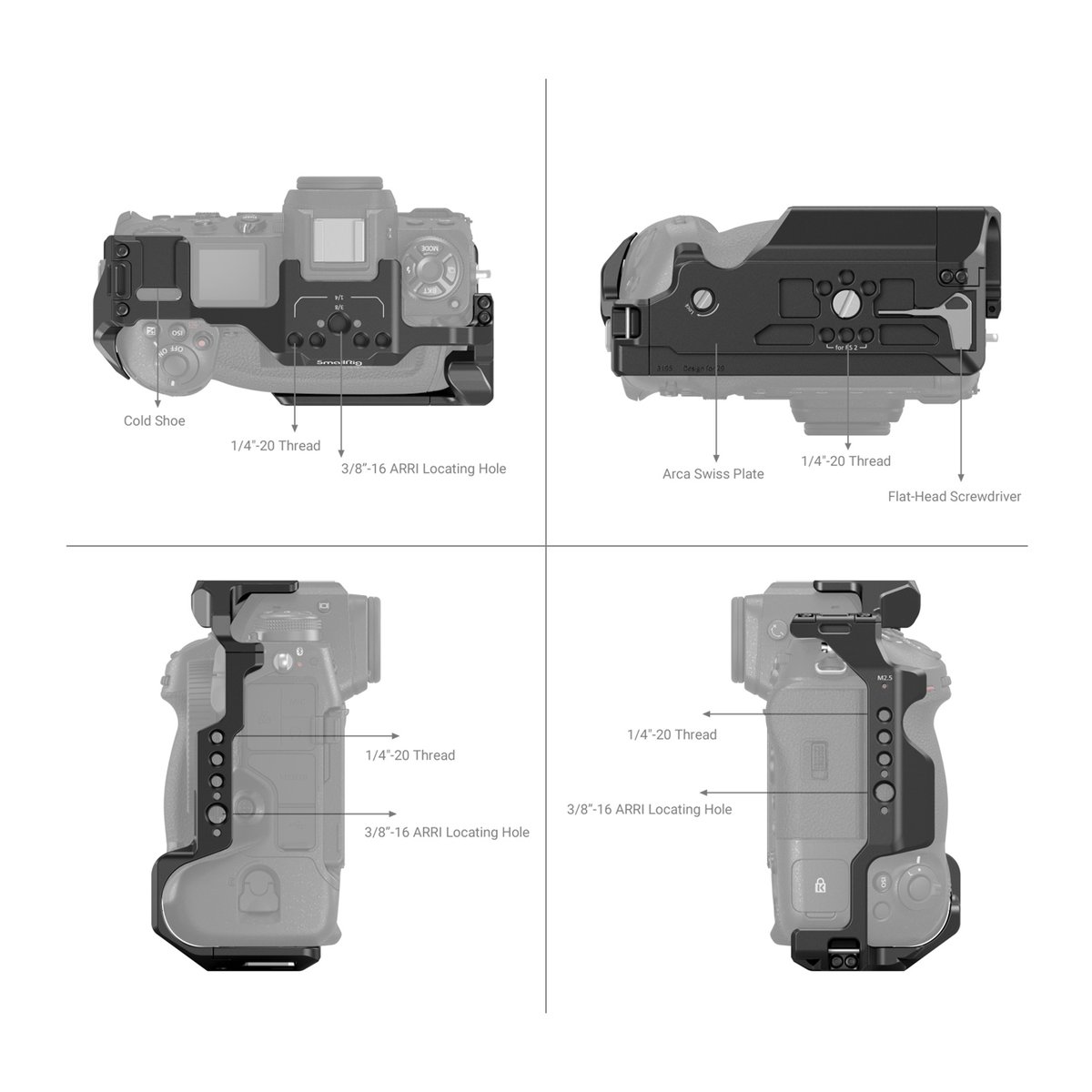 SmallRig 3195 Cage für Nikon Z9 - Technische Detailansichten des Kameracages mit beschrifteten Befestigungspunkten und Gewinden.