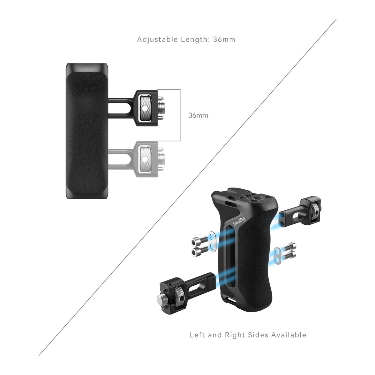 SmallRig 4016 Arri Seitenhandgriff - Explosionszeichnung des Griffs mit verstellbarer Länge (36mm) und modularem Aufbau für links/rechts.