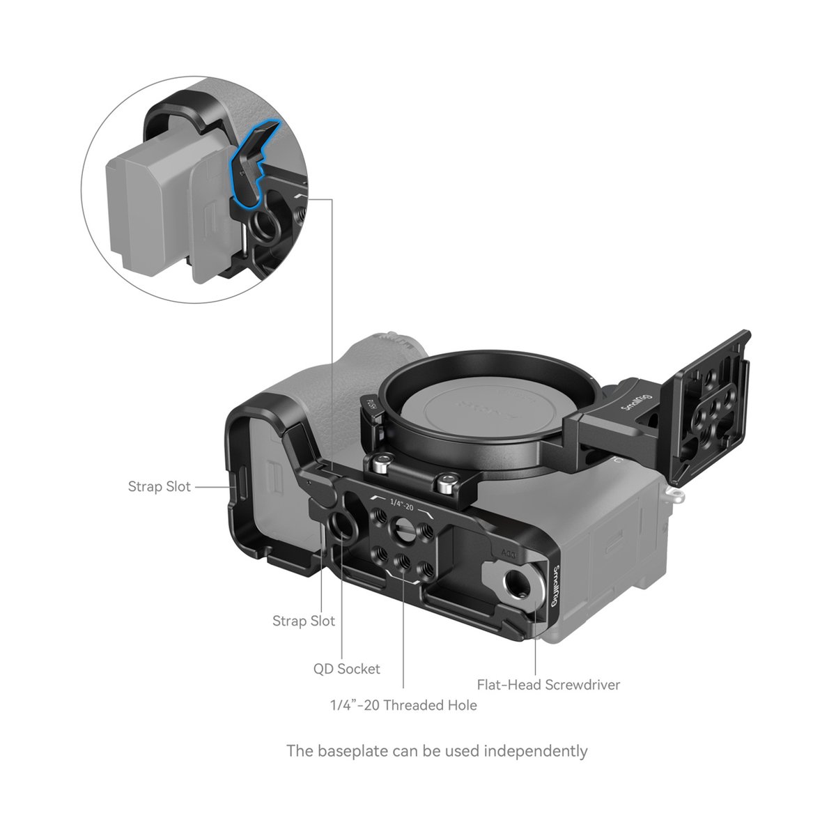 SmallRig 4570 Horizontal-to-Vertical Mount Plate Kit f. Sony Alpha 7C II/7CR - Kamerakäfig: Detailansicht der Befestigungspunkte, Riemenschlitze, QD-Buchse und Batteriezugang.