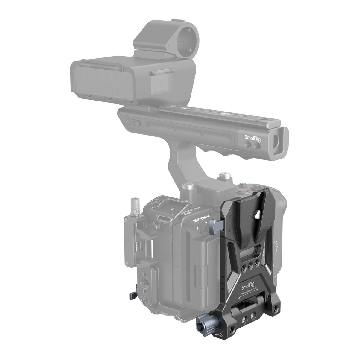 SmallRig 4505 V-Mount Akku-Montageplatte - Detailansicht der SmallRig V-Mount Batterieplatte an Sony Kamera.