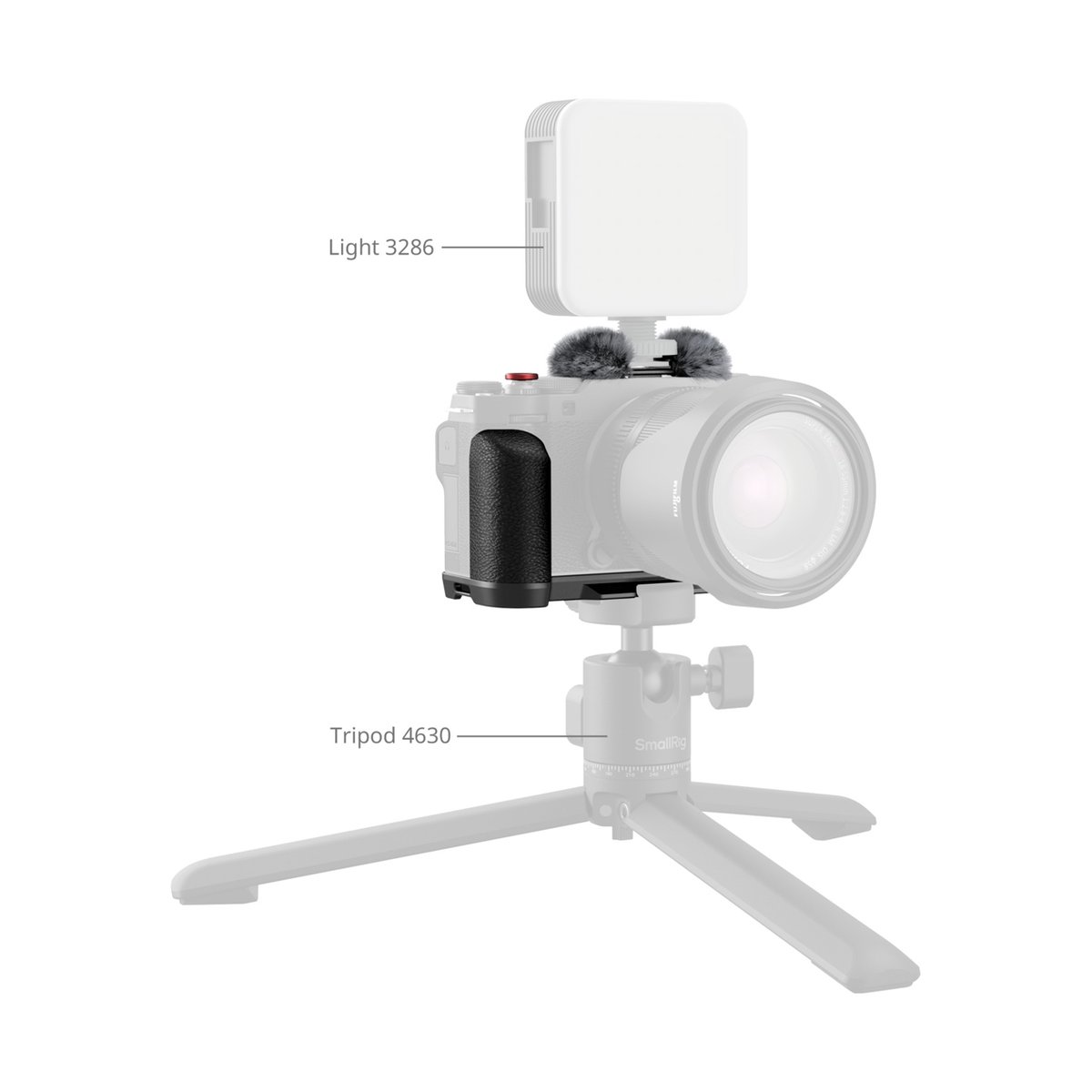 SmallRig 4876 L-Shape Mount Plate mit Silikongriff f. Fujifilm X-M5 - Anwendungsbeispiel des Kamera-Setups mit Licht 3286 und Stativ 4630
