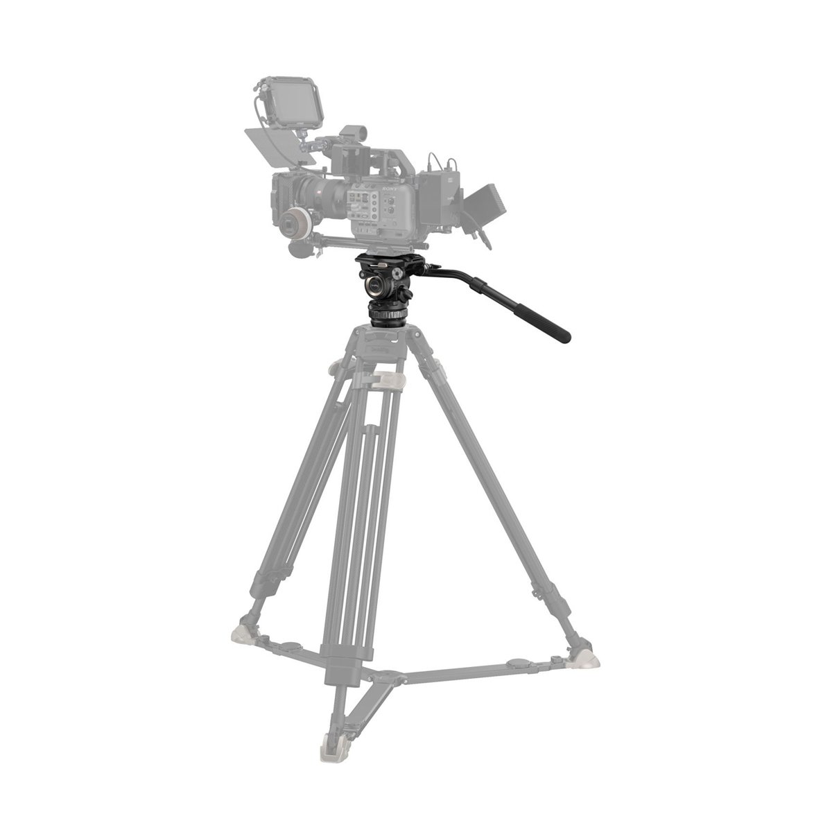 SmallRig 4287 Professioneller Fluidkopf PH8 - Anwendungsbeispiel: Fluidkopf auf Stativ mit Steuergriff und angedeuteter Kamera.