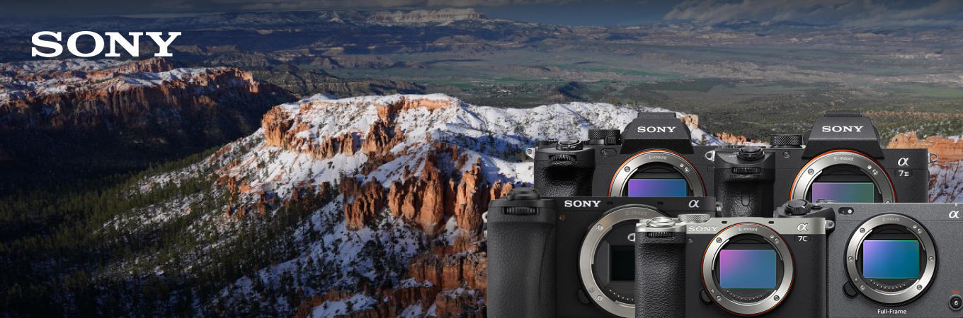 Sony Kamera Lineup Banner mit Vollformat- und APS-C Modellen vor Landschaft
