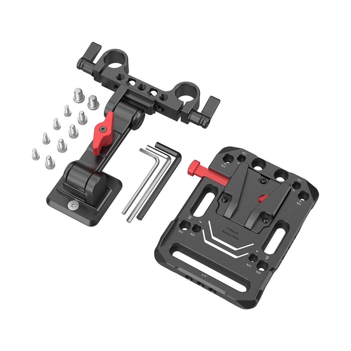 SmallRig 2991 V-Mount-Akku-Adapterplatte mit verstellbarem Arm - Lieferumfang: V-Mount Batterieplatte, Rod Clamp System, Schrauben & Werkzeug auf weißem Hintergrund.