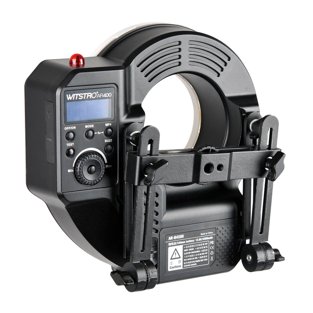 Godox Witstro AR400 (2020 Model) - Frontansicht des WITSRO AR400 Ringblitz mit Bedienfeld, Display und Akku.