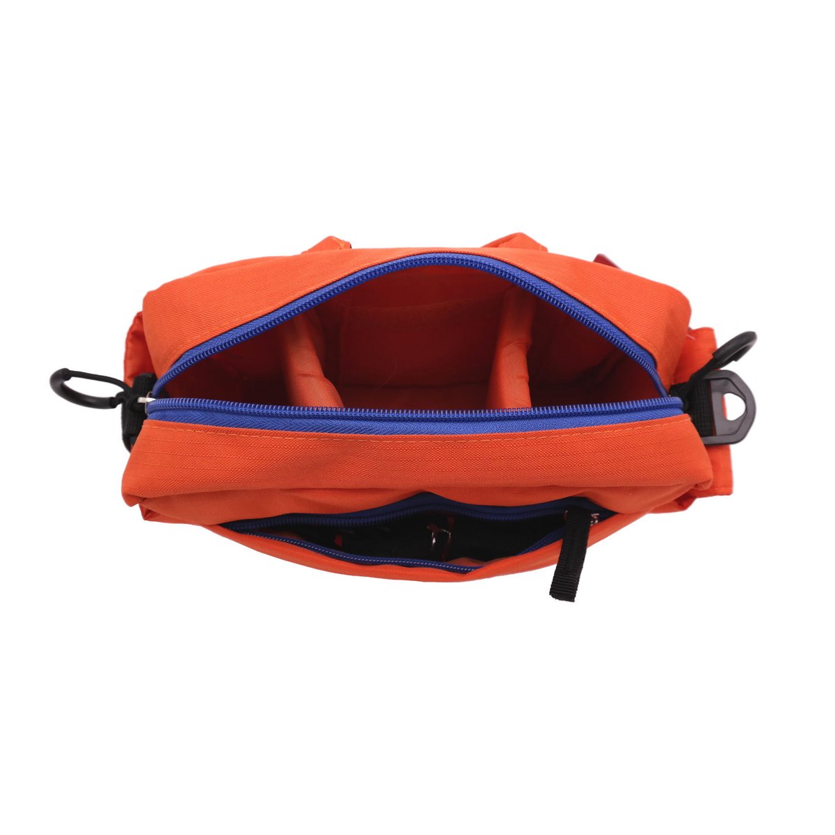 Caruba Compex 100 Orange - Innenansicht von oben: Orange Tasche mit geöffnetem Hauptfach, Inneneinteilung und geöffnetem Vorderfach. Caruba Compex 100 Orange - Innenansicht von oben: Orange Tasche mit geöffnetem Hauptfach, Inneneinteilung und geöffnetem Vorderfach.