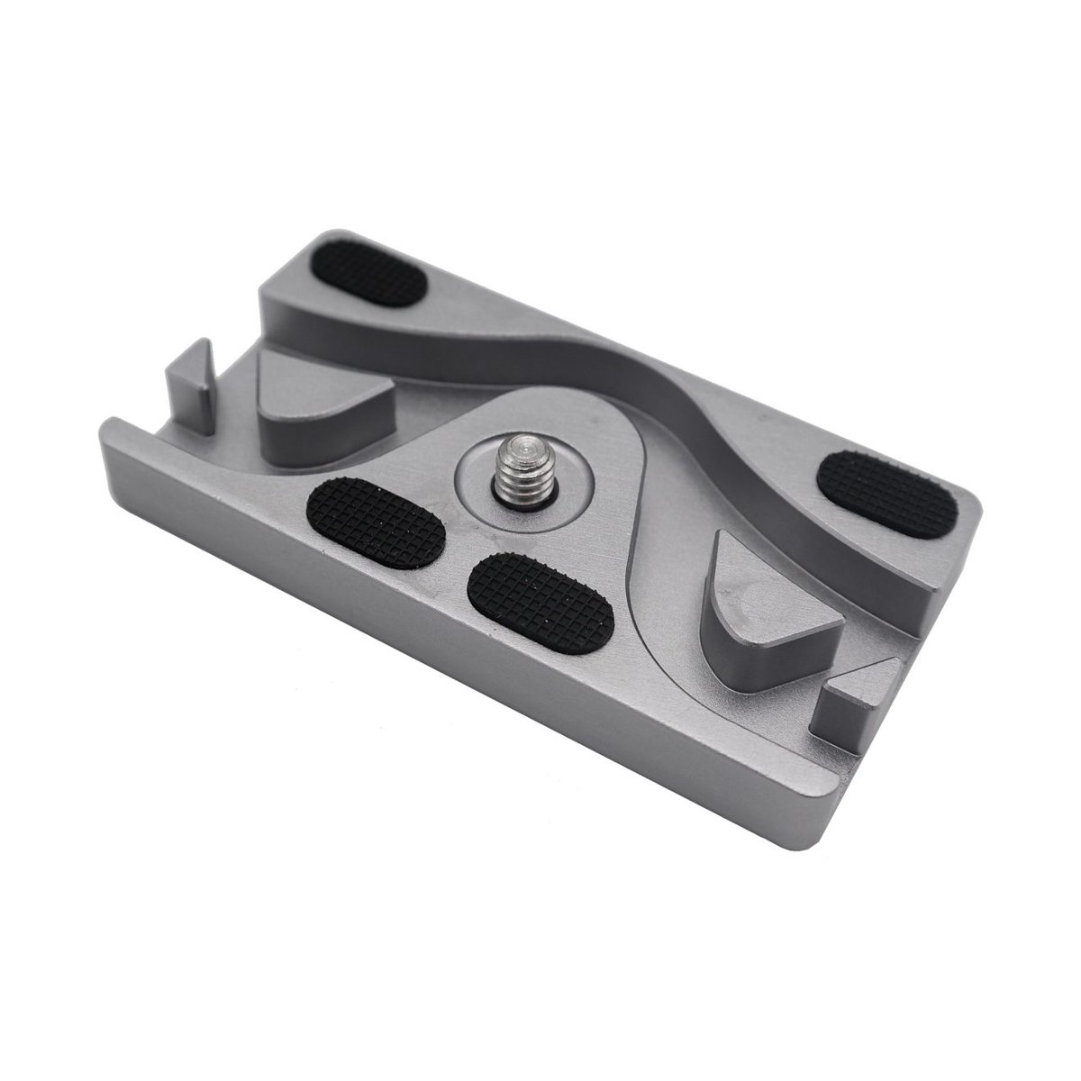 Caruba CSTP-2 Cable Stop Tripod Plate Silber - Schrägansicht der grauen Schnellwechselplatte mit Kameragewinde und Gummipads.