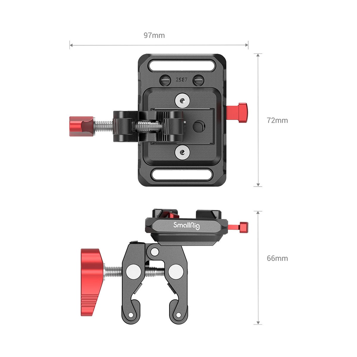 SmallRig 2989 Mini-V-Mount-Akkuadapter-Platte mit krabbenförmiger Klemme - Ansichten und Abmessungen der SmallRig Super Clamp