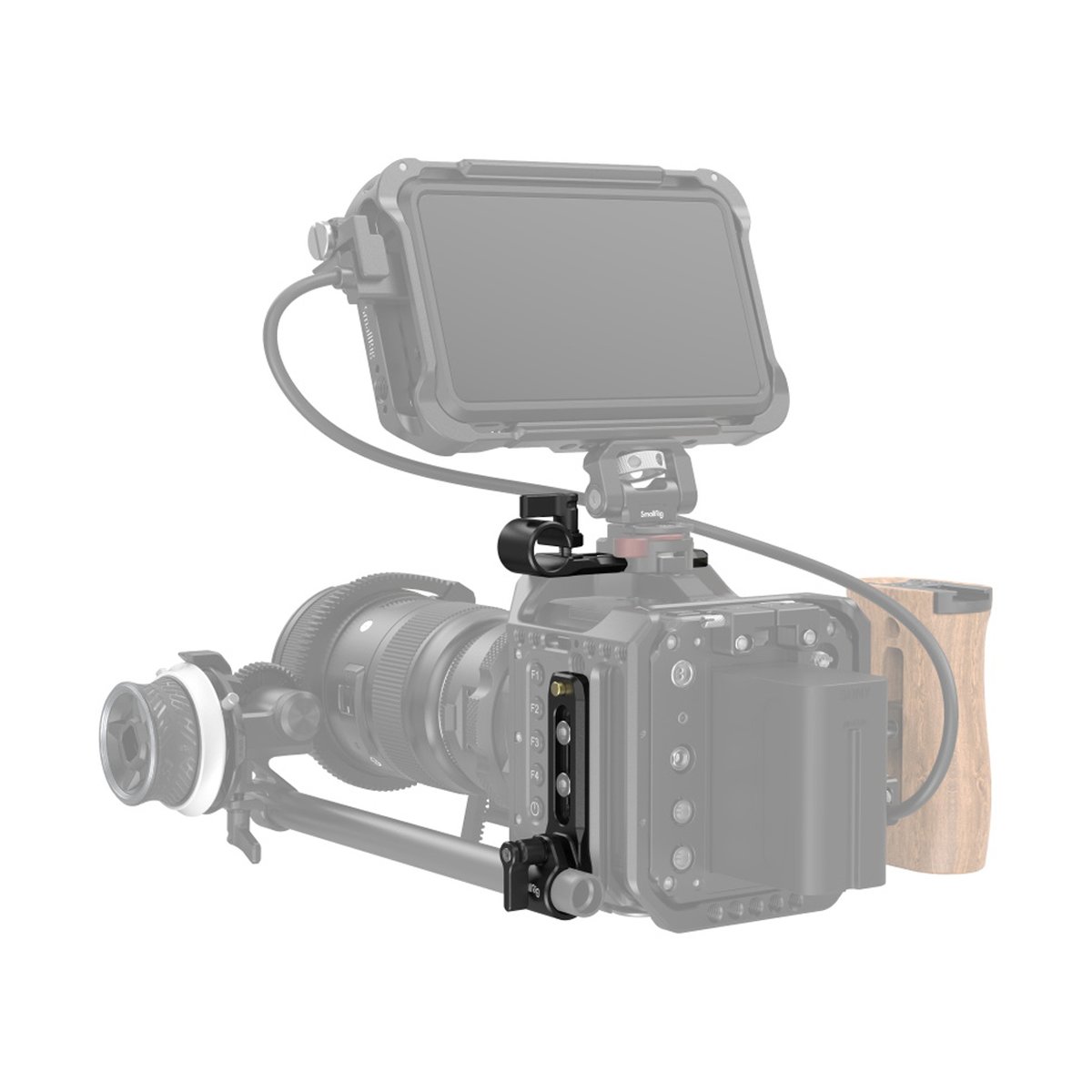 SmallRig 3011 Stangenklemme ( mit Nato Schiene) - Anwendungsbeispiel am Kamera-Rig: Seitenplatte und Monitorhalterung