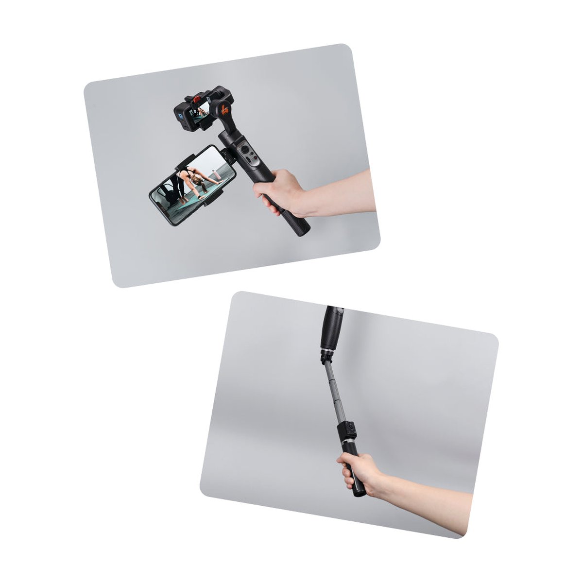 Hohem iSteady Pro4 - Anwendungsbeispiele: Handheld-Gimbal mit Smartphone und Actioncam; ausziehbarer Selfie-Stick.