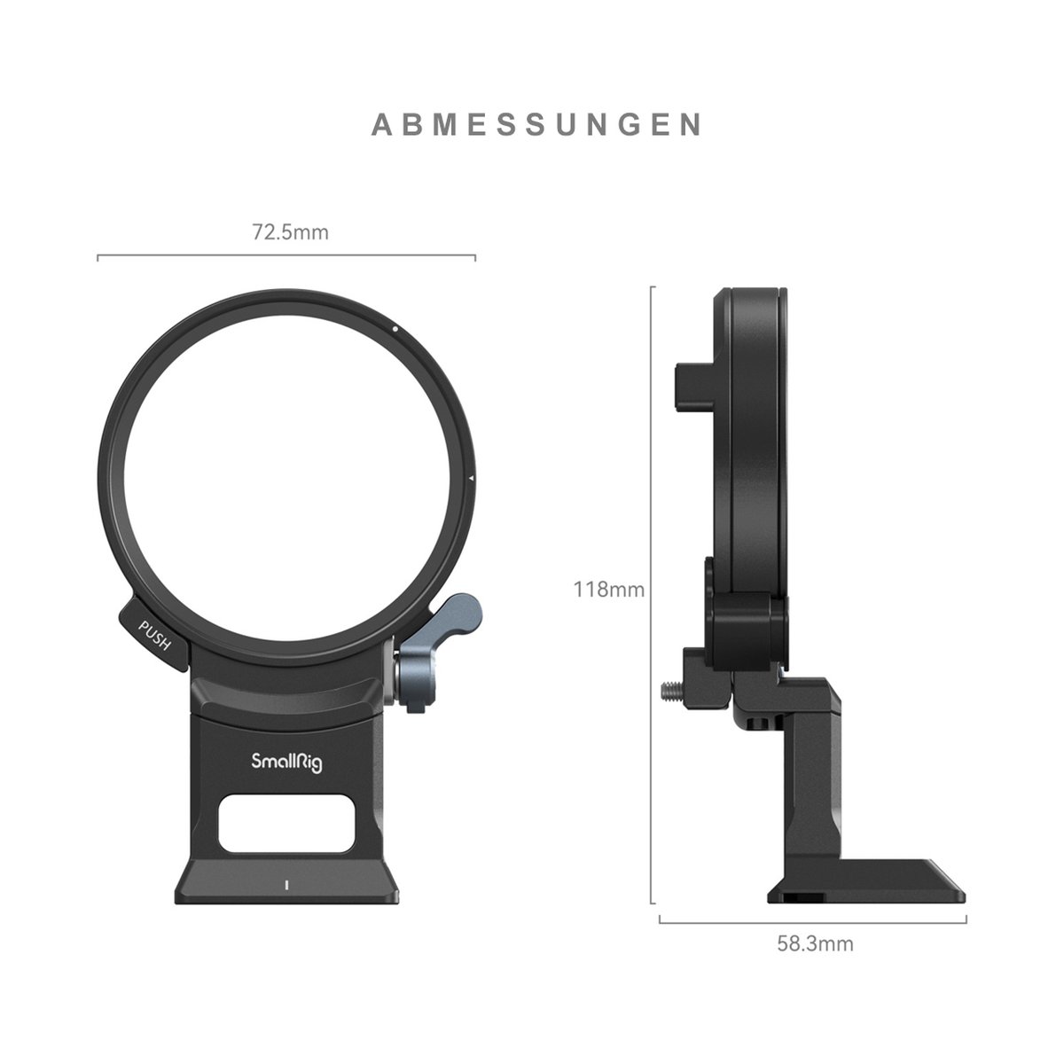 SmallRig 4424 Drehbare Horizontal- Vertikal-Montageplatte für Sony - Abmessungen des Produkts (Front- und Seitenansicht)