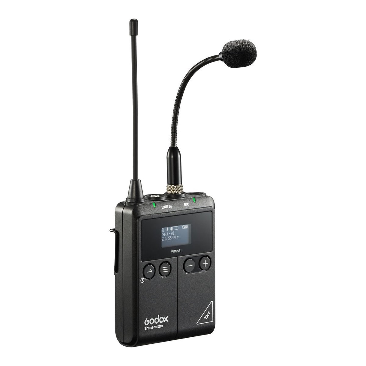 Godox Schwanenhalsmikrofon mit Kugelcharakteristik und 3,5-mm-Klinkenstecker - Godox WMicS1 Funkmikrofon-Sender (TX1) mit Display, Antenne und angeschlossenem Mikrofon, Frontansicht