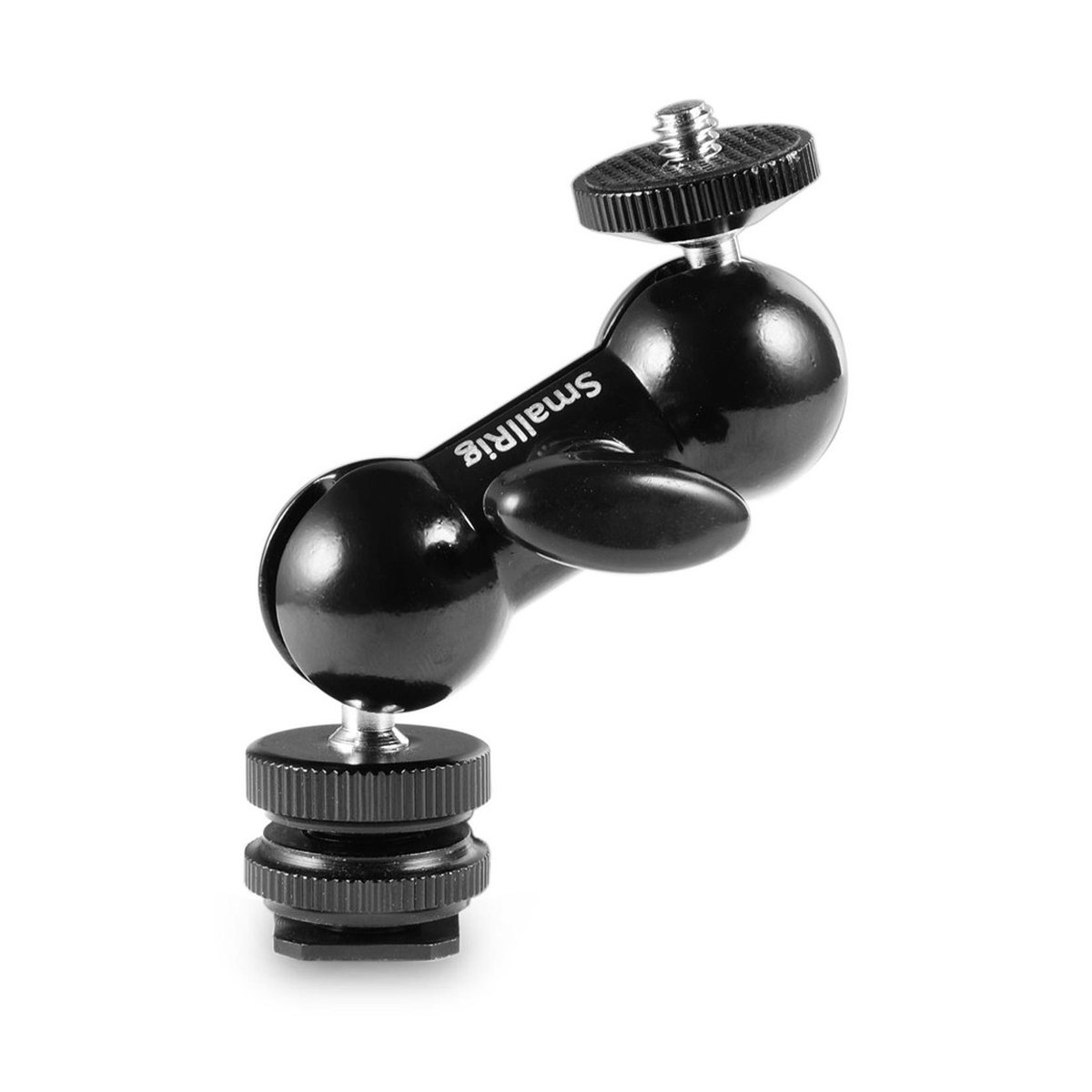 SmallRig 1135 Dual Kugelkopf mit Blitzschuh und Daumenschraube - Detailansicht: Schwarzer SmallRig Gelenkarm mit zwei Kugelköpfen.