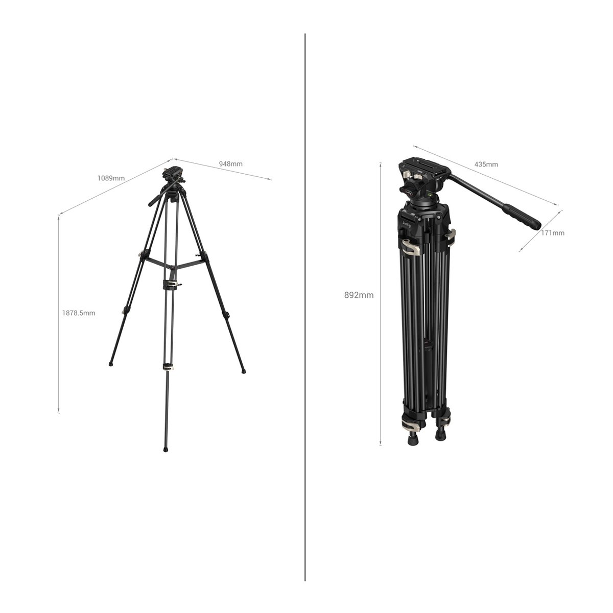 SmallRig 3751B Heavy-Duty Fluidkopf Stativ AD-01 - Videostativ mit Abmessungen: ausgefahrene Ansicht und zusammengeklappte Ansicht mit Maßangaben. SmallRig 3751B Heavy-Duty Fluidkopf Stativ AD-01 - Videostativ mit Abmessungen: ausgefahrene Ansicht und zusammengeklappte Ansicht mit Maßangaben.