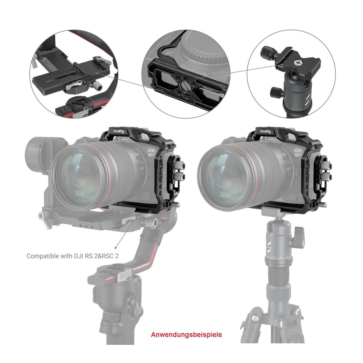 SmallRig 3656 Black Mamba Halbkäfig & Kabelklemme f. Canon EOS R5/R6/R5 C - Anwendungsbeispiele des Kamerakäfigs an DJI Gimbal und Stativ, mit Detailansichten der Befestigung.