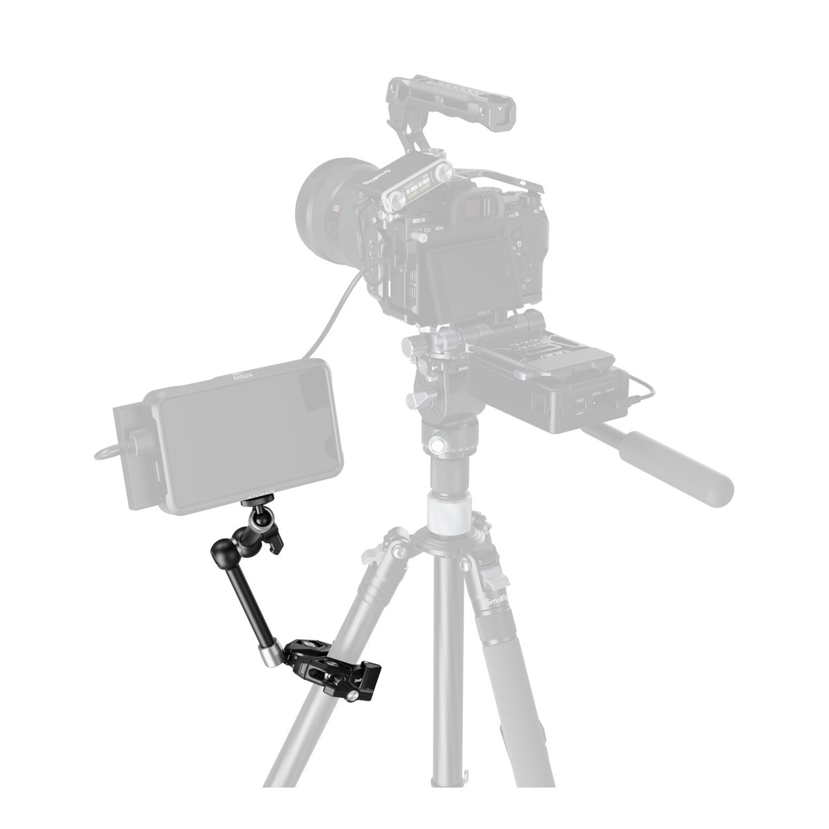 SmallRig 4454 Crap Shaped Clamp with Magic Arm - Anwendungsbeispiel: Monitor an Stativbein mit Gelenkarm und Klemme befestigt