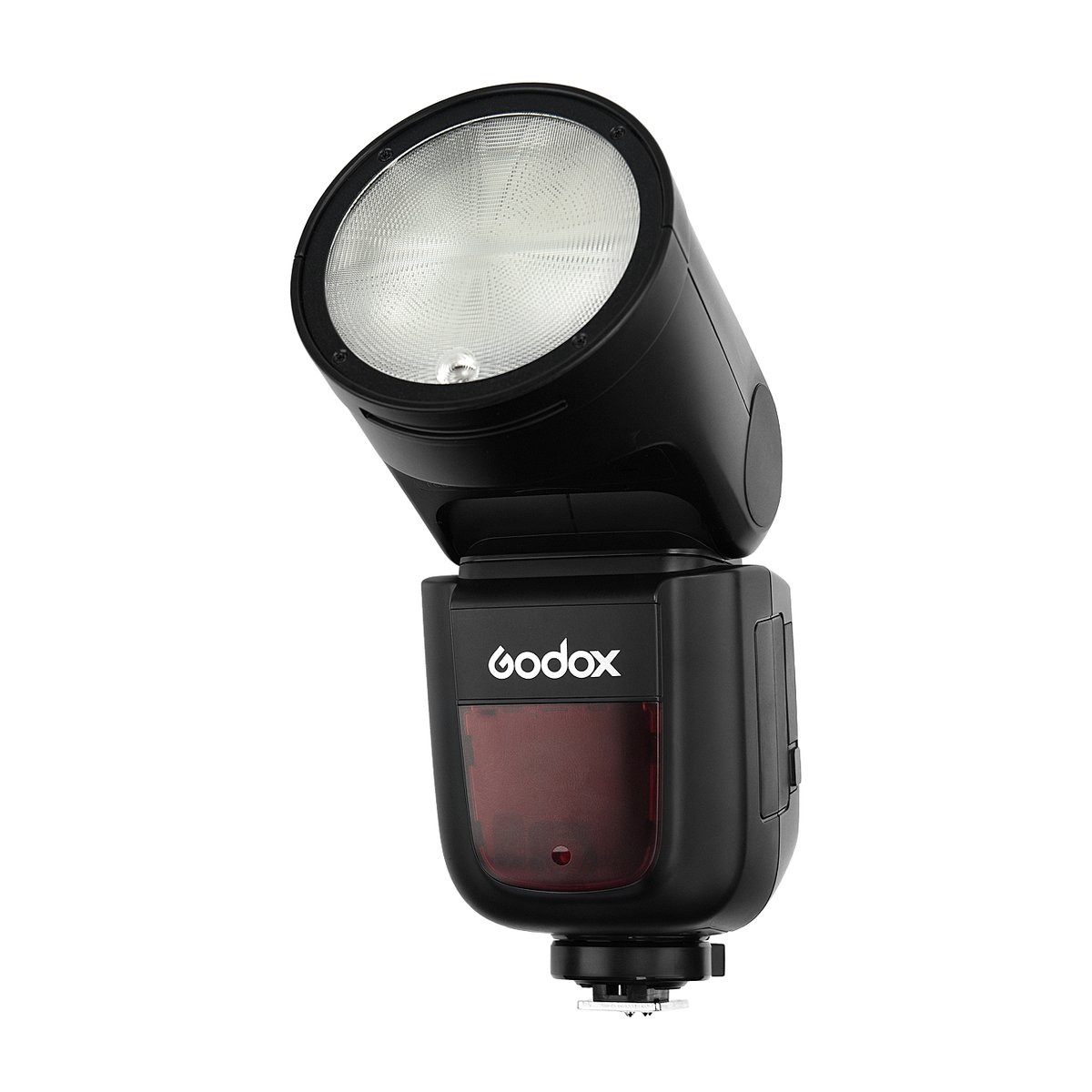 Godox Speedlite V1 Sony X-PRO II Trigger Accessories Kit - Schrägansicht Godox Aufsteckblitz mit nach oben geneigtem Blitzkopf.