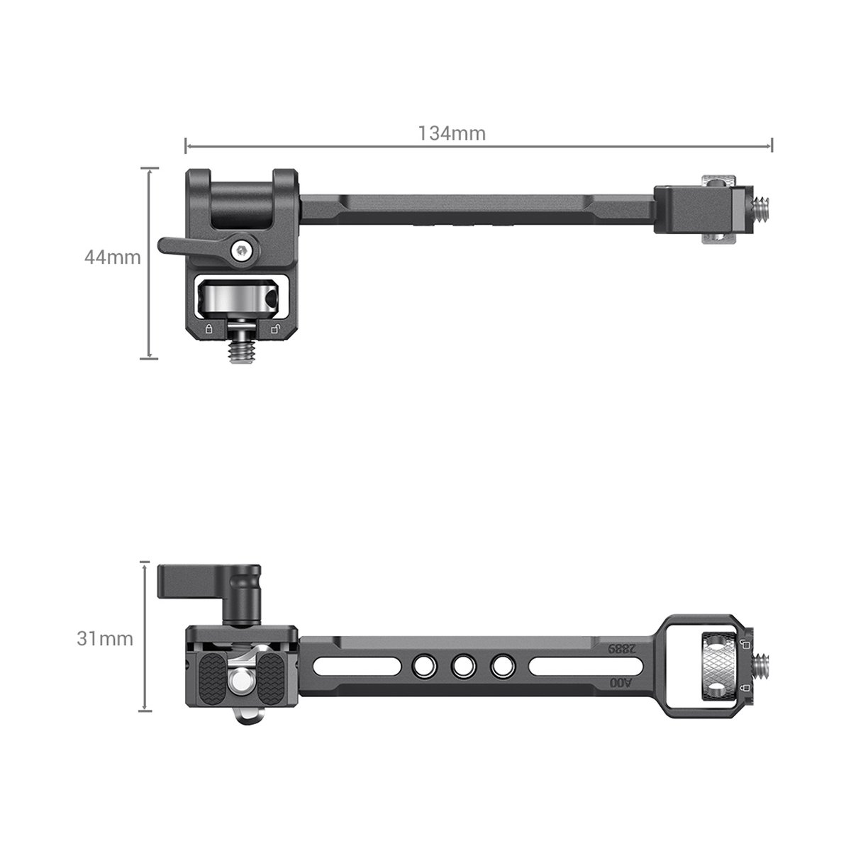 SmallRig 2889 Adjustable Monitor Mount für Gimbals - Seitenansichten eines Kamera-Verlängerungsarms mit Maßen: 134mm Länge, 44mm & 31mm Höhe.