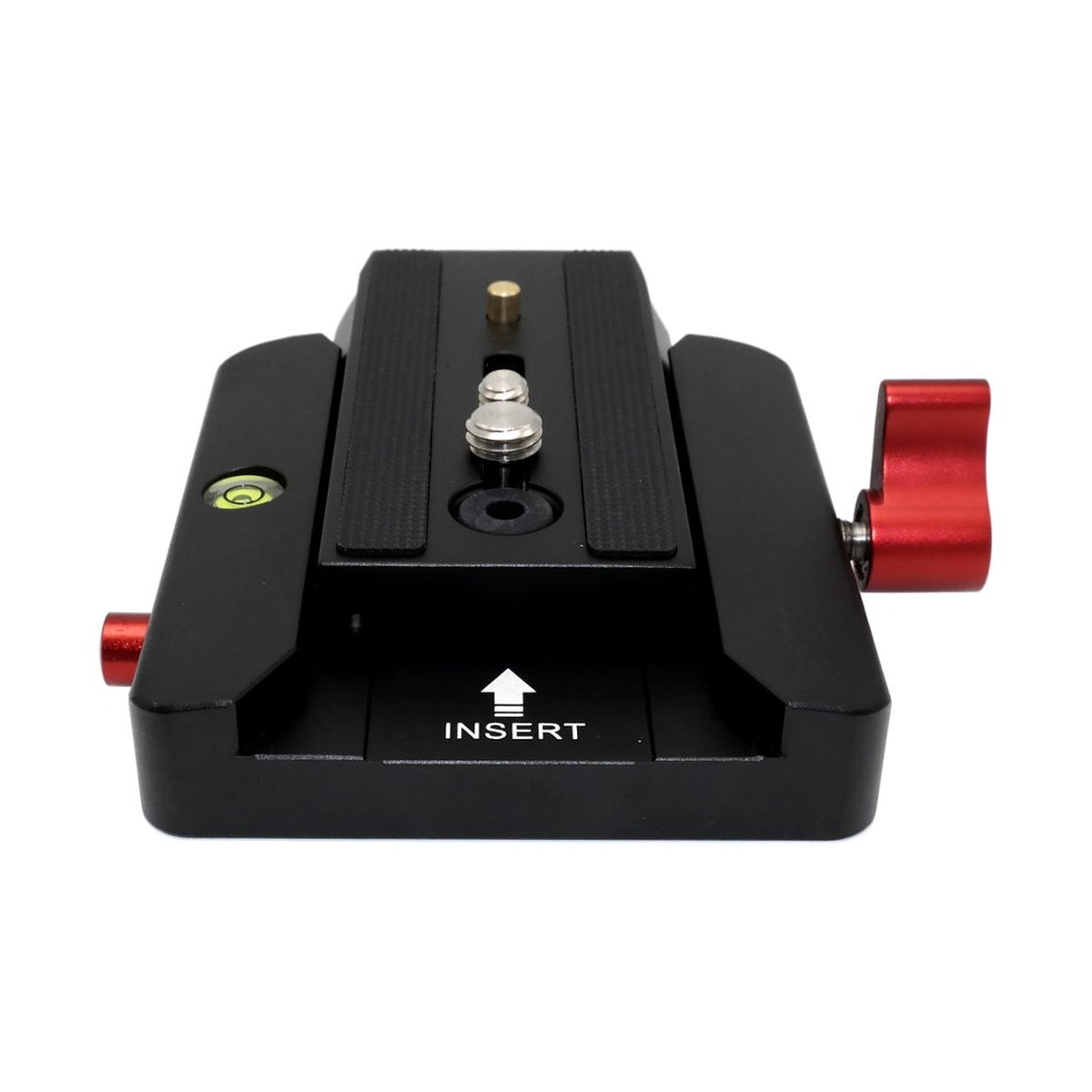Caruba Schnellspannsystem - M-577 (Manfrotto 577) - Vorderansicht der Schnellwechselklemme mit Libelle, rotem Griff und "INSERT"-Aufschrift.