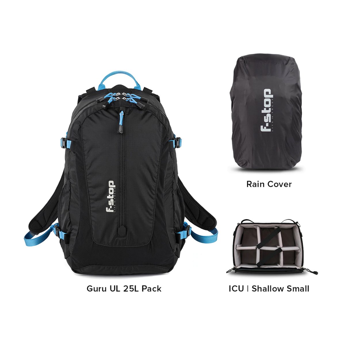 F-Stop Guru UL Essentials Bundle - Lieferumfang: F-stop Guru UL 25L Rucksack, Regenhülle und ICU Shallow Small Kameraeinsatz. F-Stop Guru UL Essentials Bundle - Lieferumfang: F-stop Guru UL 25L Rucksack, Regenhülle und ICU Shallow Small Kameraeinsatz.