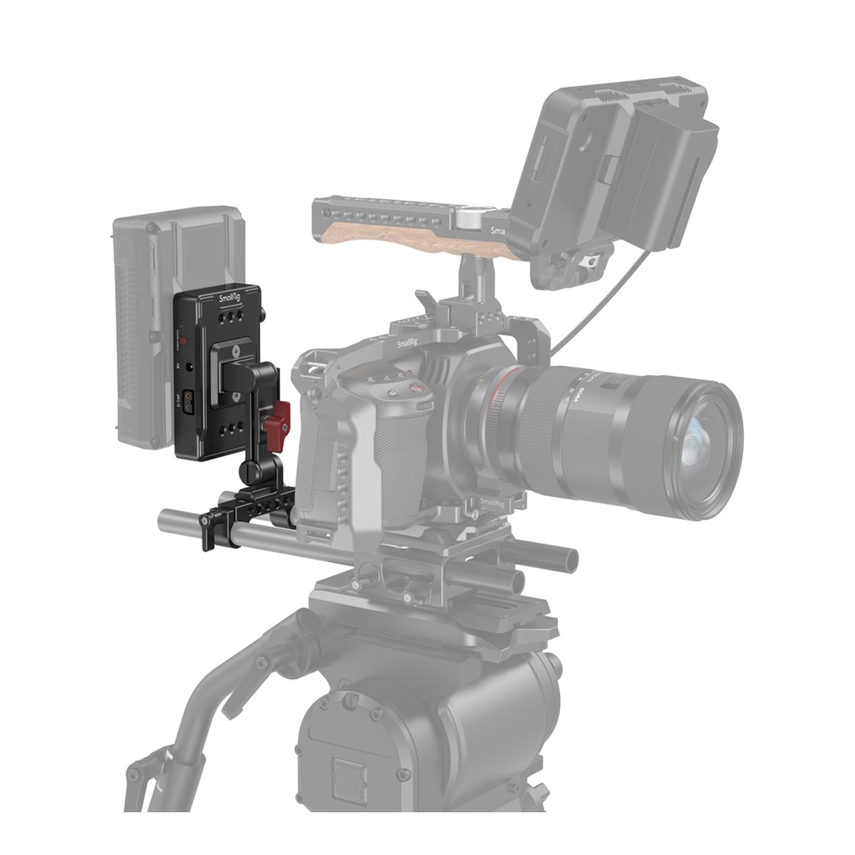 SmallRig 3499 V-Mount-Akkuadapterplatte (Basic Version) mit Verlängerungsarm - Anwendungsbeispiel: SmallRig V-Mount Batterieplatte seitlich am Kamerarig befestigt.