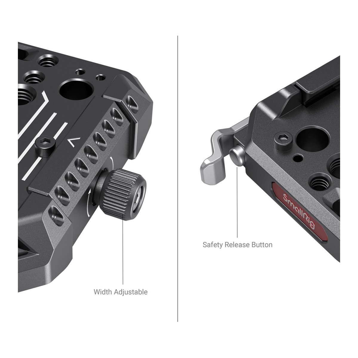 SmallRig 2887B Drop-In Basisplatte, Manfrotto, kompatibel zu 501PL QR-Platte - Detailansicht: Breite einstellbar und Sicherheitsentriegelungstaste.