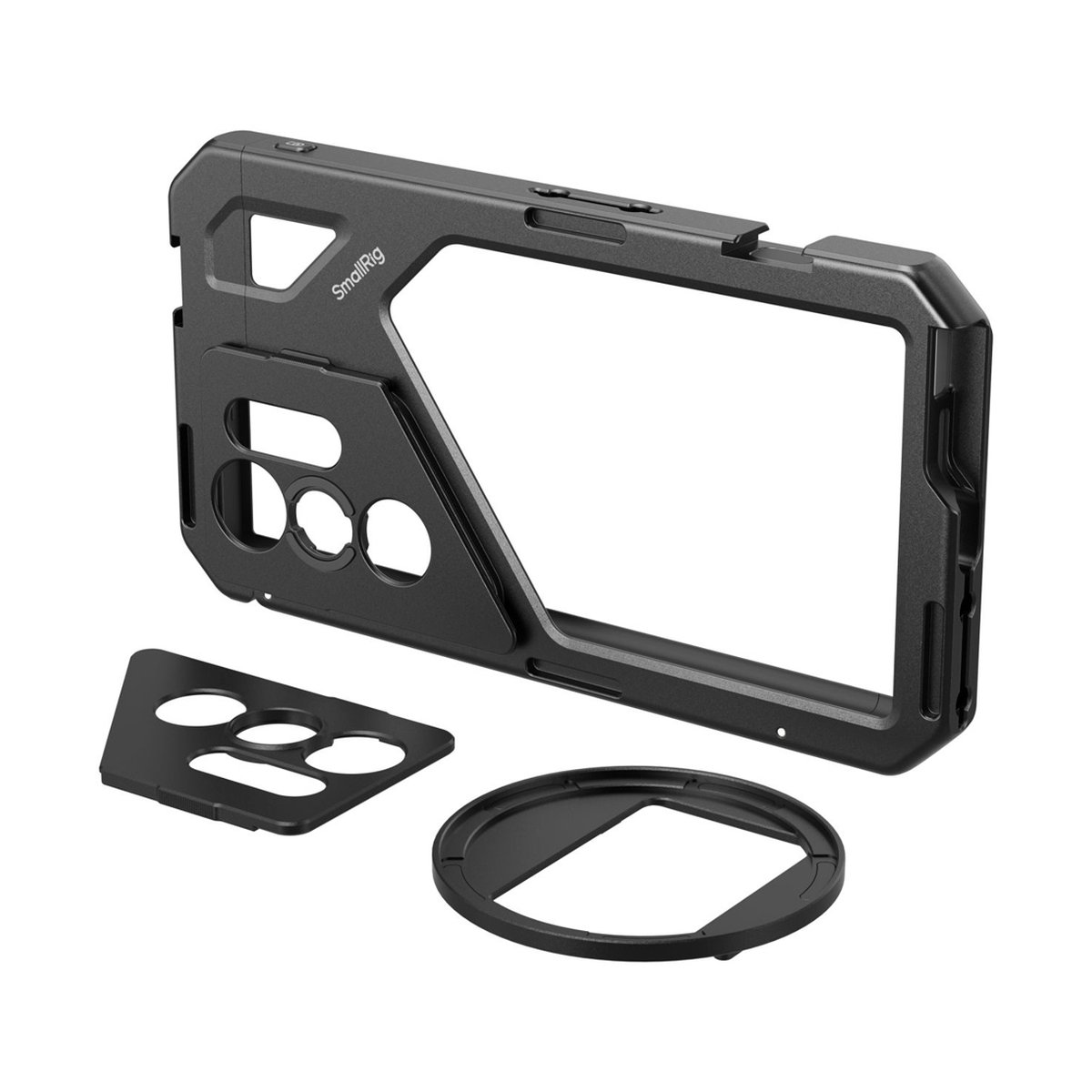 SmallRig 4601 Ultra Cage Kit Samsung Galaxy S24 - Lieferumfang: Schwarzer Smartphone-Videokäfig mit Objektivadapter und Montageplatte.