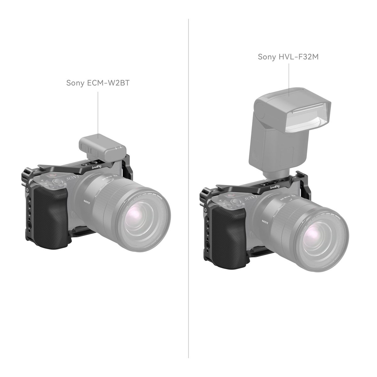 SmallRig 4257 Cage Kit Sony ZV-E1 - Anwendungsbeispiele: Kamera mit SmallRig Cage und montiertem Sony ECM-W2BT Mikrofon oder Sony HVL-F32M Blitz.