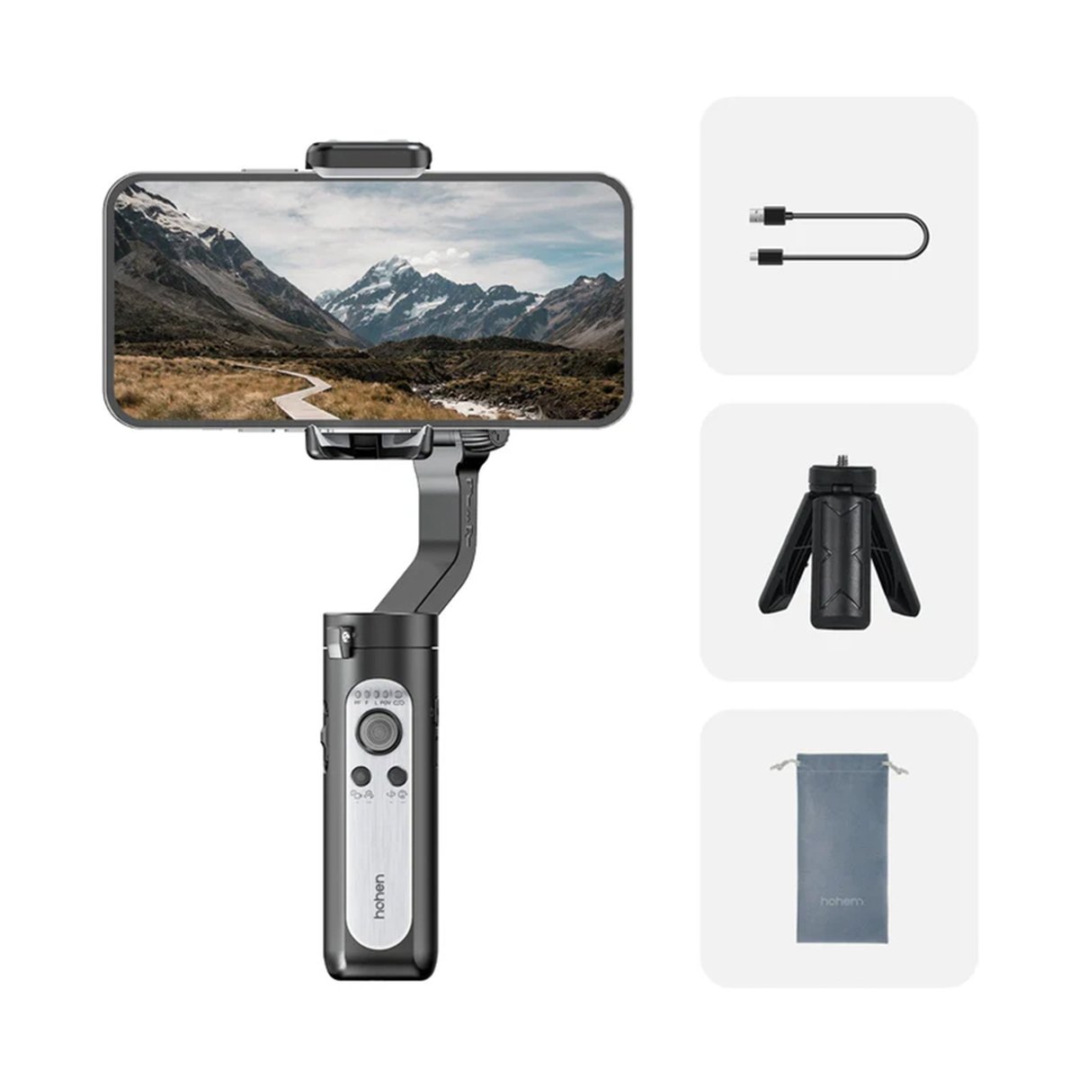 Hohem iSteady XE Black - Lieferumfang: Smartphone-Gimbal mit Telefon, Ladekabel, Stativ und Beutel.