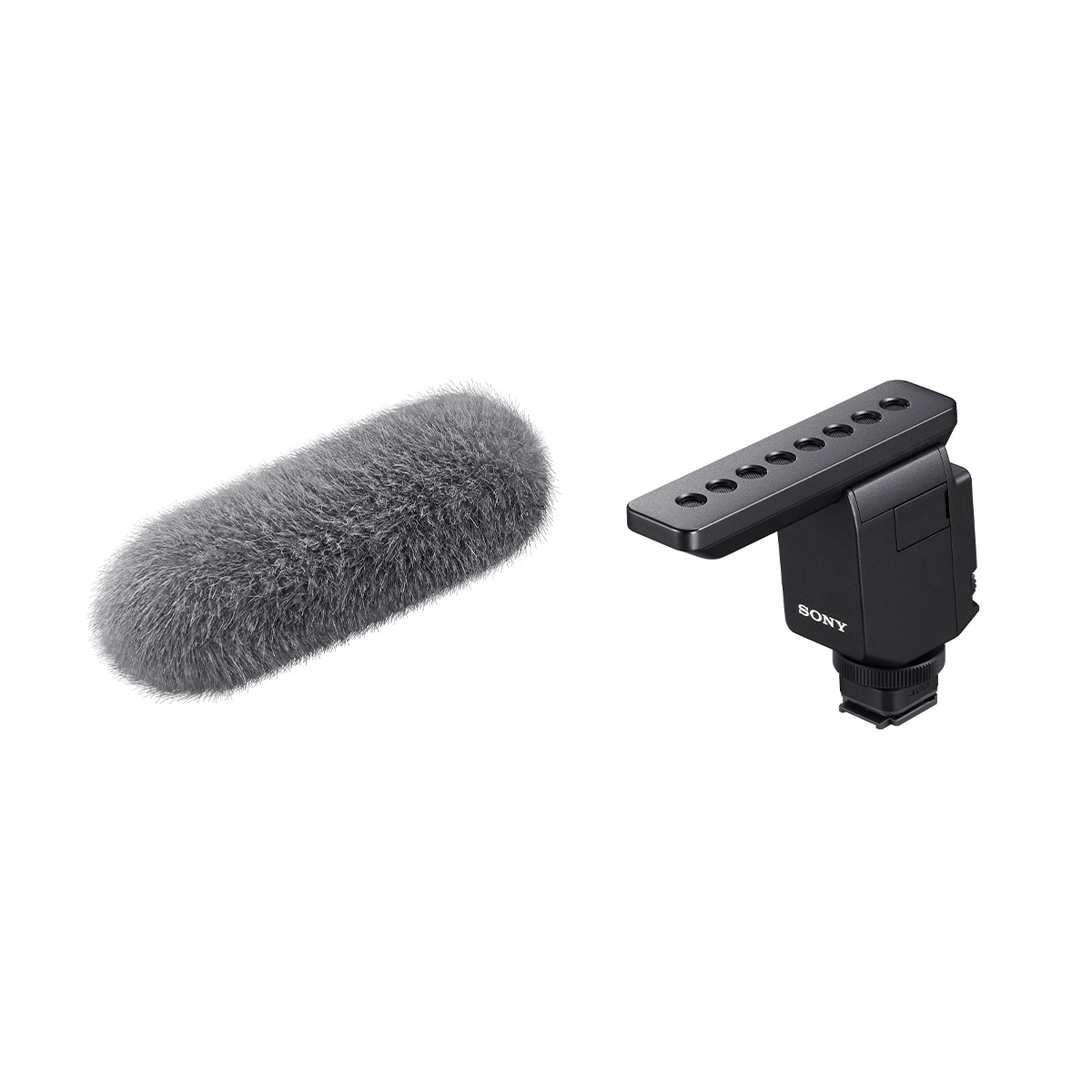 Sony ECM-B1M Mikrofon Das Sony ECM-B1M Shotgun-Mikrofon  von vorne mit Windschutz auf weißem Hintergrund