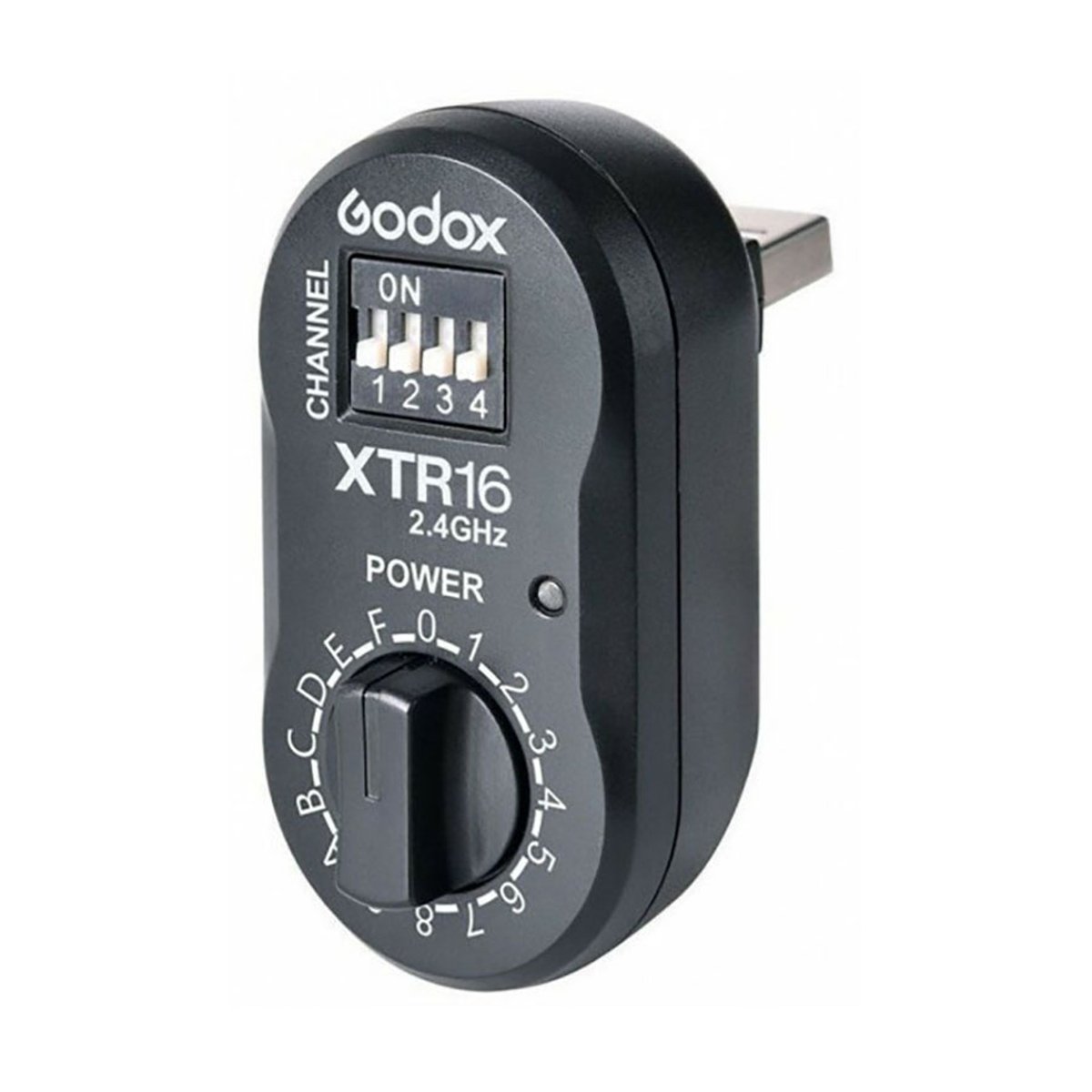Godox Power Remote Receiver XTR-16 2.4G - Godox XTR16 Funkempfänger: Vorderseite mit Kanal-Schaltern, Power-Drehregler & USB-Anschluss.