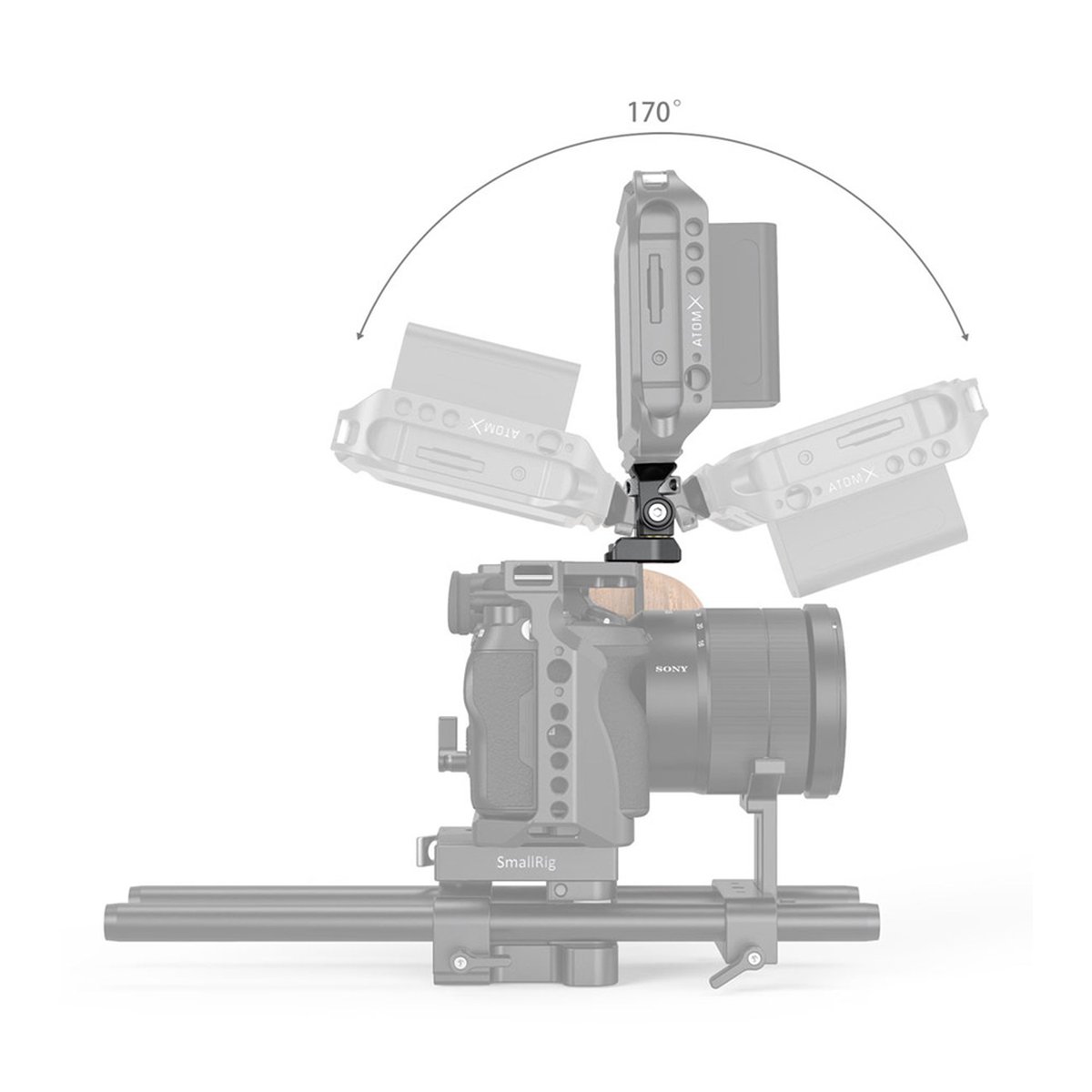 SmallRig 2904B Swivel & Tilt Monitor- Halterung mit zwei 1/4" Schrauben - Anwendungsbeispiel: Monitorhalterung auf Kamera mit 170° Neigungsbereich.