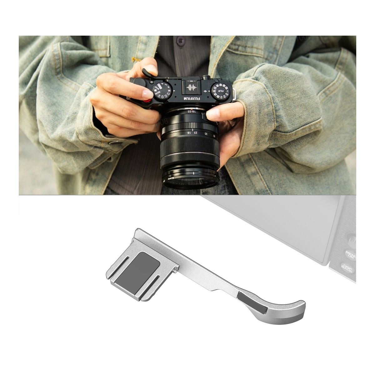 SmallRig 4877 Daumengriff silber für Fujifilm X-M5 - Kamera mit Daumenauflage im Einsatz, dazu Detailansicht des silbernen Griffs.