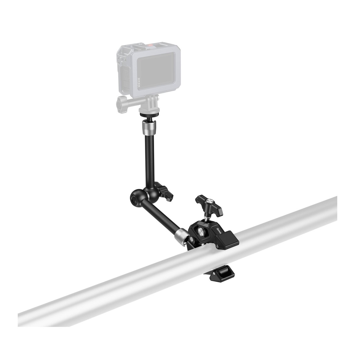 SmallRig 4454 Crap Shaped Clamp with Magic Arm - Anwendungsbeispiel: Klemme mit Gelenkarm hält Actioncam an einer Stange.