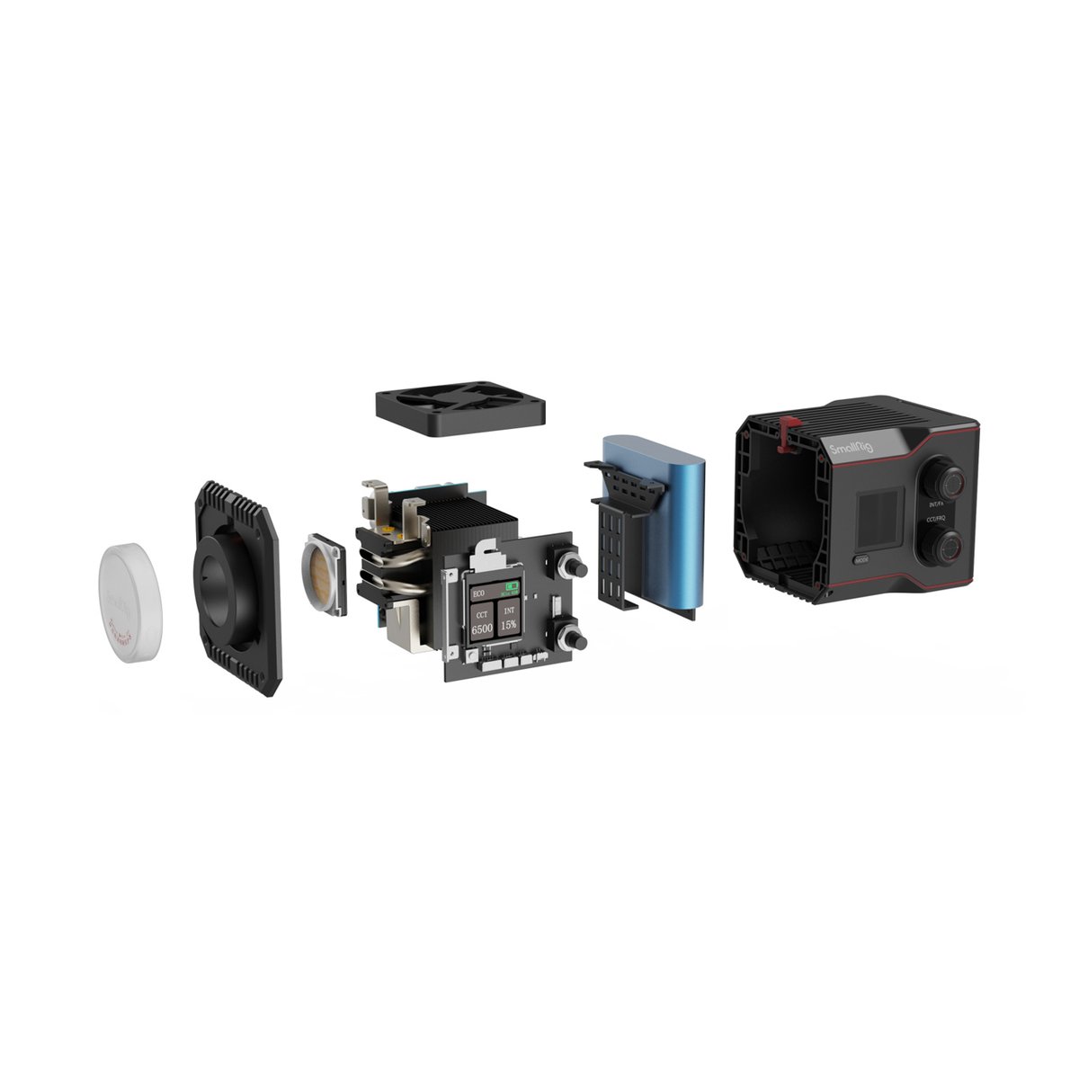 SmallRig 4376 RC 60B Bi-Color LED-Videoleuchte - EXPLOSIONSANSICHT: SmallRig Videoleuchte mit zerlegten internen Komponenten (Platine, Akku, Lüfter, Gehäuse).