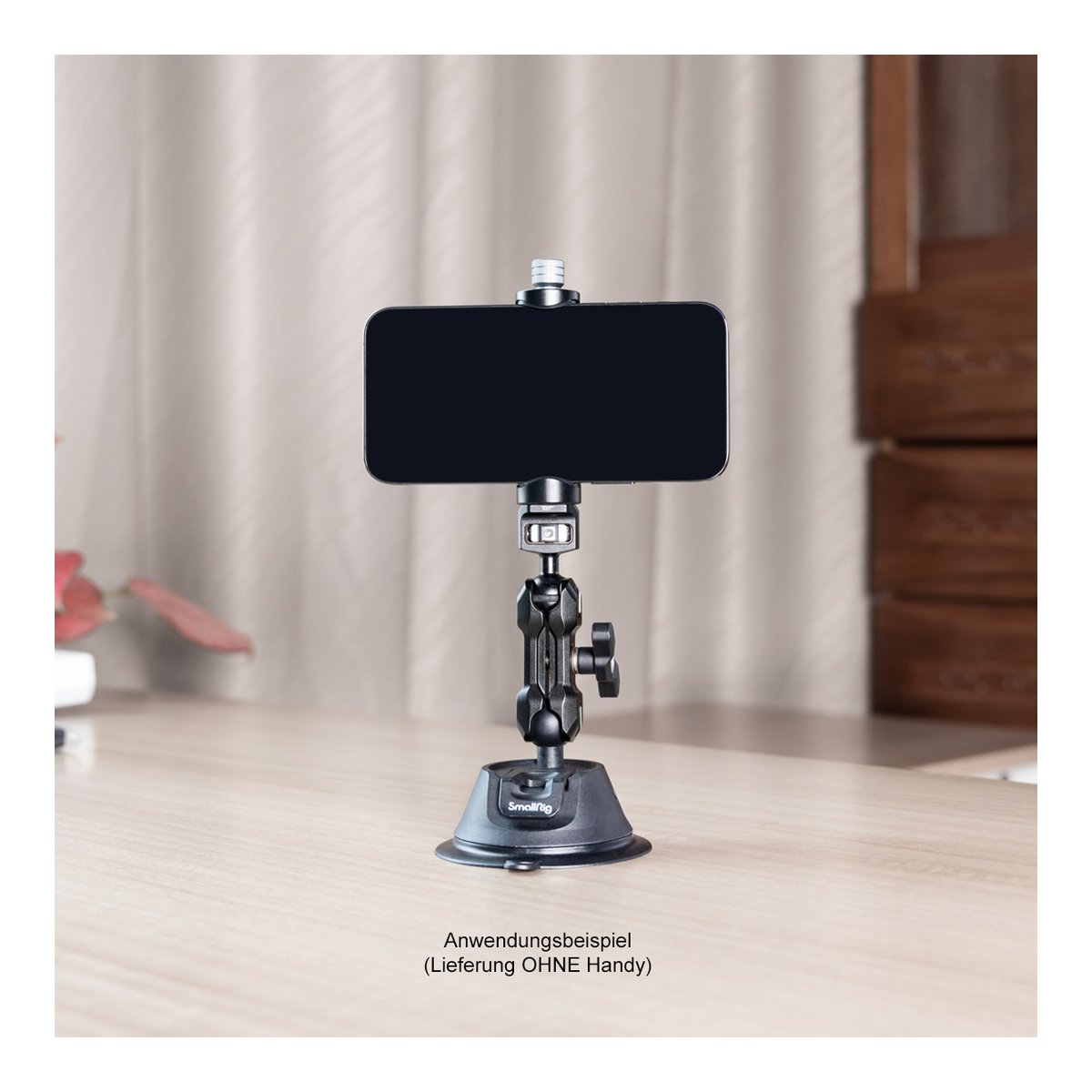 SmallRig 4275 SC-1K Portable Suction Cup Mount Support Kit, Saugnapf+Handyhalter - Anwendungsbeispiel mit Handy auf Schreibtisch