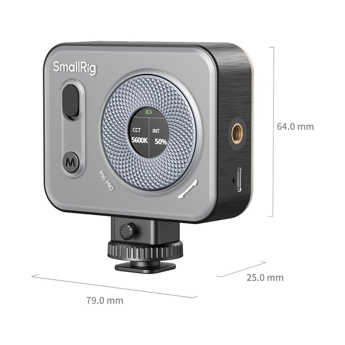 SmallRig 4660 Vibe P96 Pro Mini schwarz LED-Videolicht - Perspektivansicht der SmallRig P96 Pro LED-Leuchte mit Abmessungen