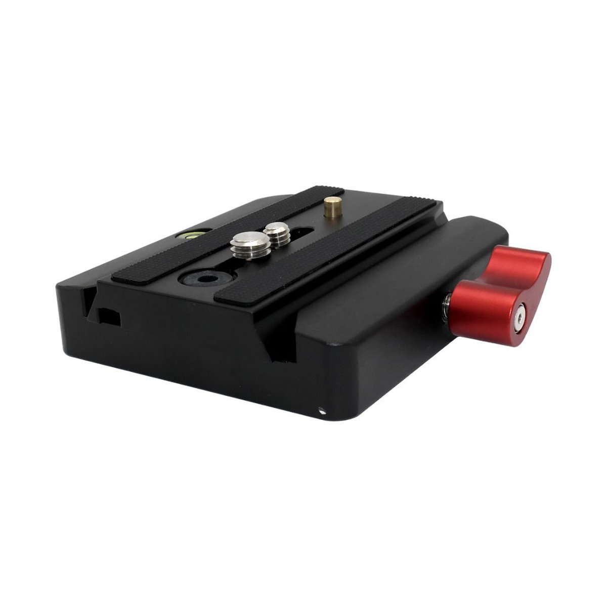 Caruba Schnellspannsystem - M-577 (Manfrotto 577) - Stativ-Schnellwechselplatte, Ober- und Seitenansicht mit rotem Knopf.