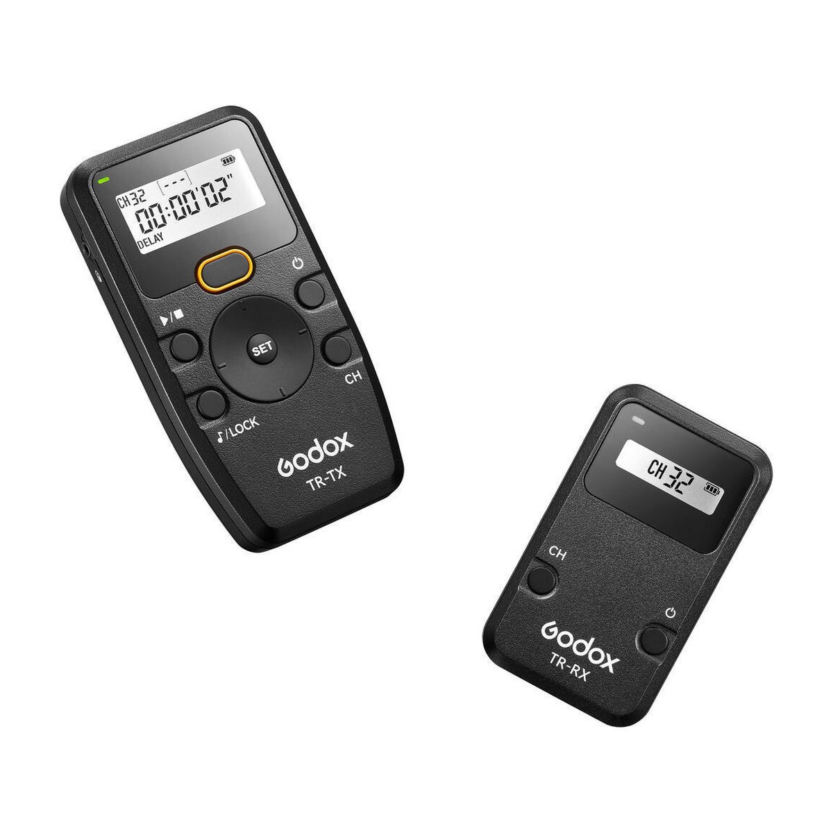 Godox Digital Timer Remote TR-N3 Nikon - Godox TR-TX Funksender & TR-RX Funkempfänger, schräg von vorne auf weißem Hintergrund.