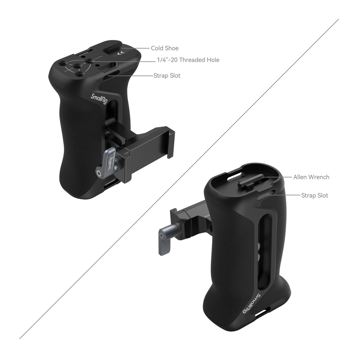 SmallRig 4416 Arca-Typ Seitenhandgriff - Split-Ansicht des SmallRig Kamera-Handgriffs mit Beschriftungen: Cold Shoe, 1/4"-20 Gewinde, Gurt & Inbusschlüssel.
