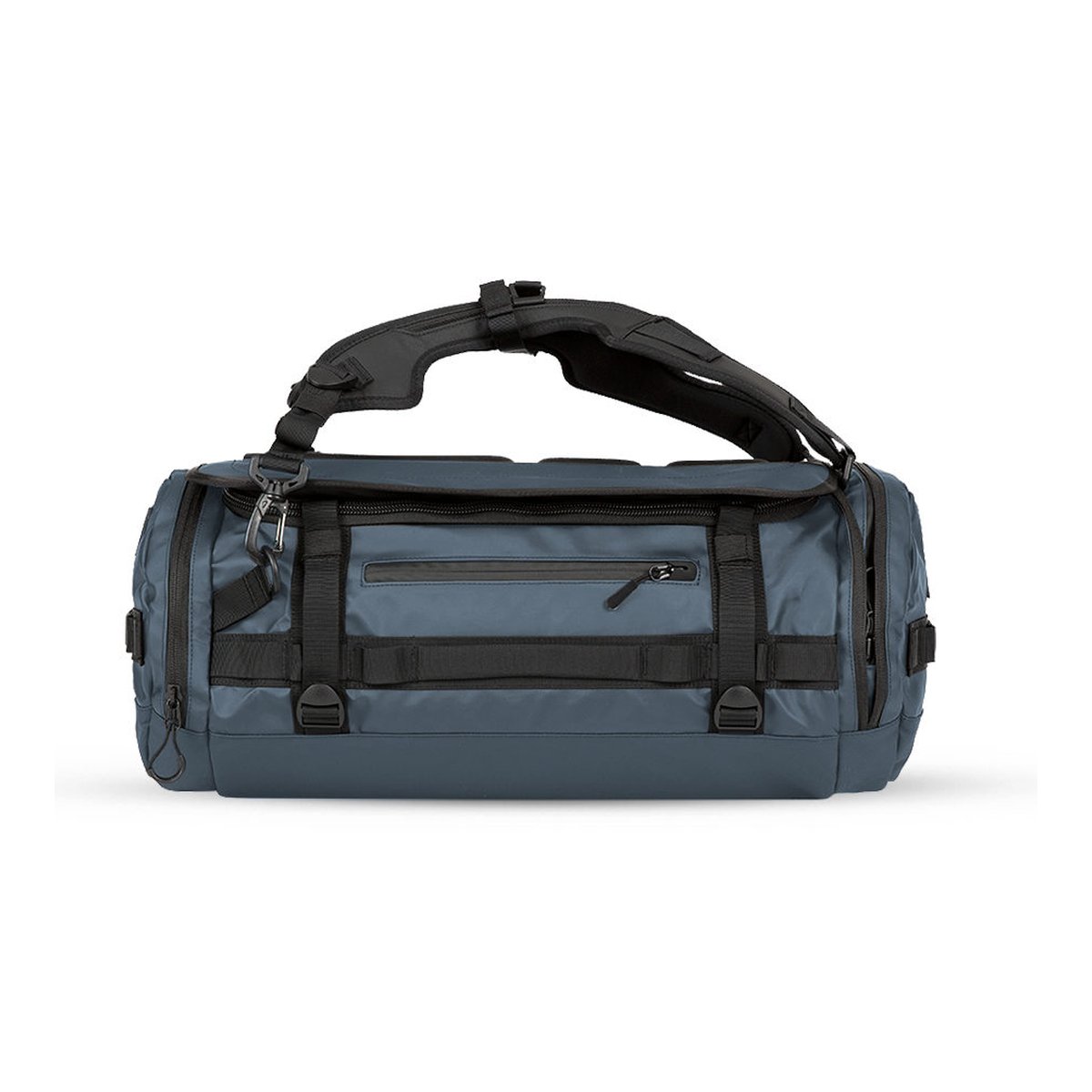 WANDRD HEXAD CARRYALL DUFFEL 40-Liter Aegean Blue - Frontansicht der blauen Reisetasche mit Schultergurt WANDRD HEXAD CARRYALL DUFFEL 40-Liter Aegean Blue - Frontansicht der blauen Reisetasche mit Schultergurt