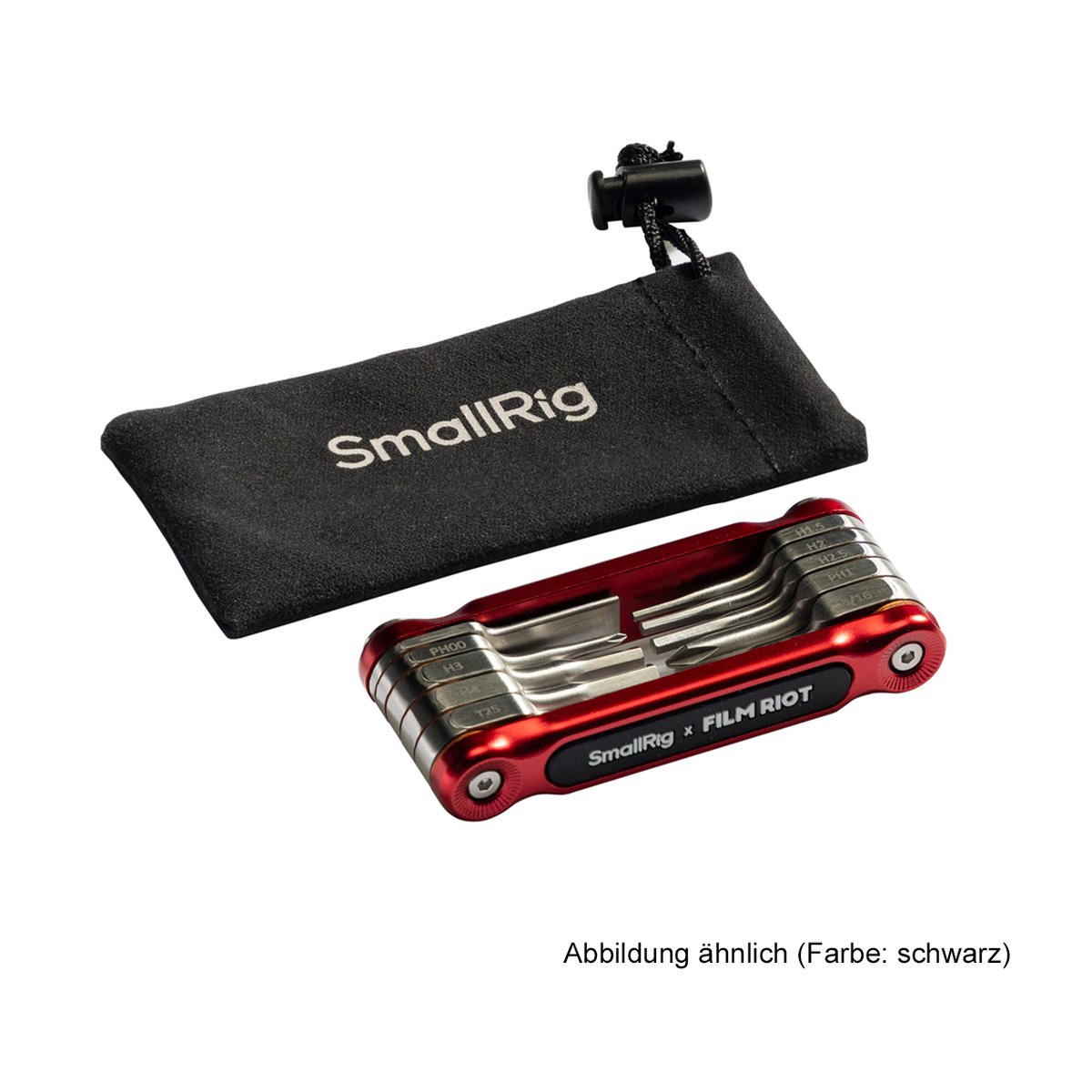 SmallRig x FILM RIOT 4375 10-in-1 Black Folding Wrench Set (Multiple Angle Pos.) - Lieferumfang: Rotes SmallRig x Film Riot Multi-Tool mit Aufbewahrungsbeutel