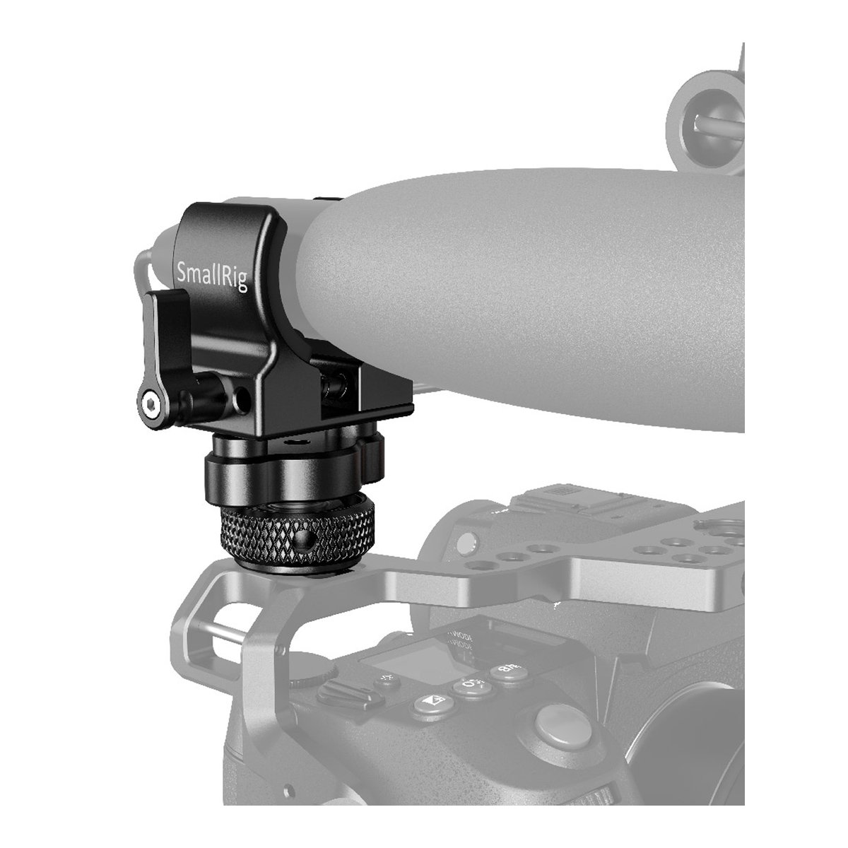 SmallRig 2352 Shotgun Mikrofon-Halterung mit Blitzschuh - Detailansicht: SmallRig Mikrofonhalterung auf Kamerarig montiert