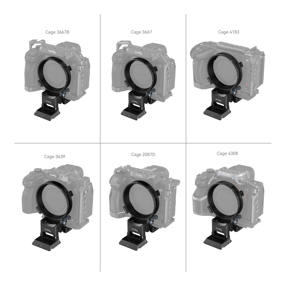 SmallRig 4244 Drehbares Horizontal- Vertikal-Montageplatten-Kit für Sony - Modellübersicht: Sechs SmallRig Kamera-Cages (3667B, 3667, 4183, 3639, 2087D, 4308) in schräger Vorderansicht.