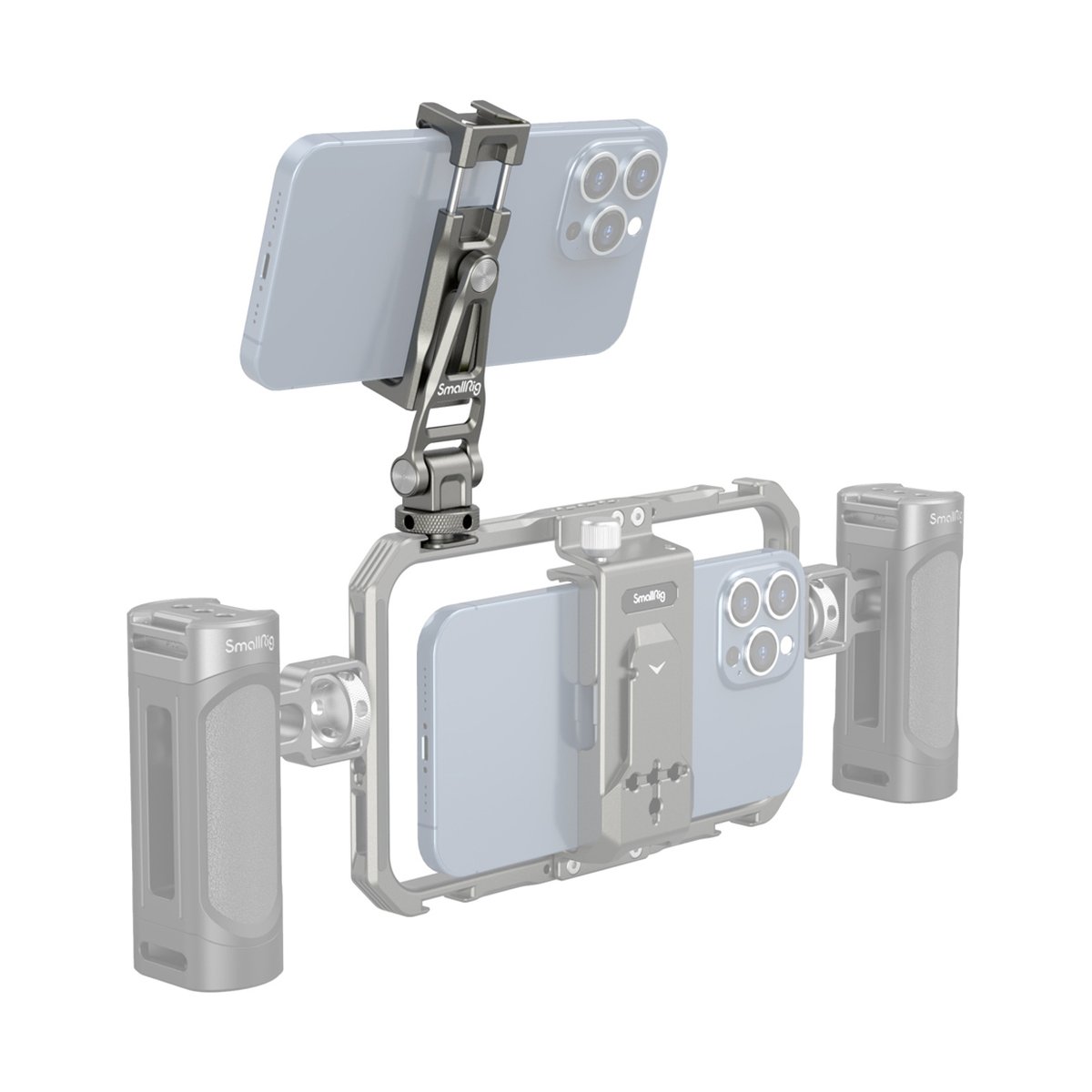 SmallRig 3559 Smartphone-Halterung multifunktional - Anwendungsbeispiel: SmallRig Smartphone Video Rig mit zwei montierten Handys und seitlichen Griffen.