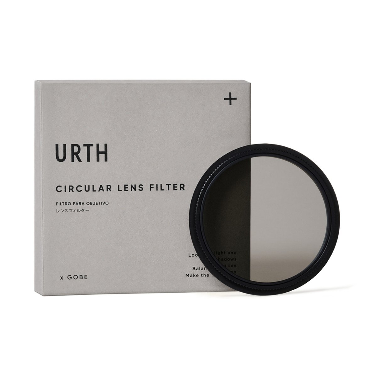 Urth 86mm CPL with Rotating Adapter for 100mm Square Filter Holder - Urth Zirkular-Objektivfilter (variabler ND-Filter) neben der Verpackung.